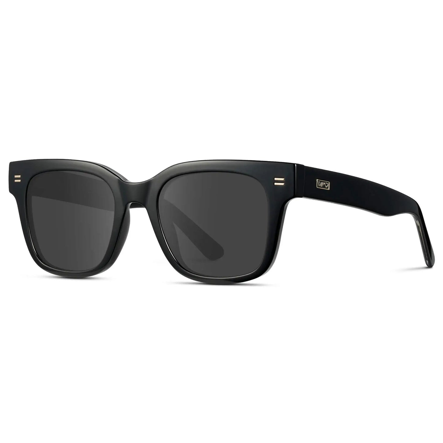 Black / Grey || Side view of Men's Square Frame Prescription Sunglasses with Black Frame and Grey Lenses