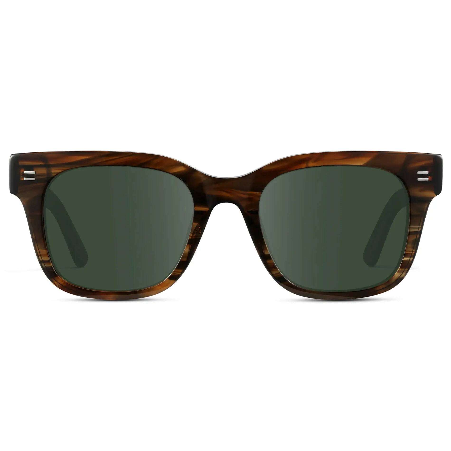 Red Oak / G15 || Front view of Men's Square Frame Prescription Sunglasses with Red Oak Frame and Green Lenses