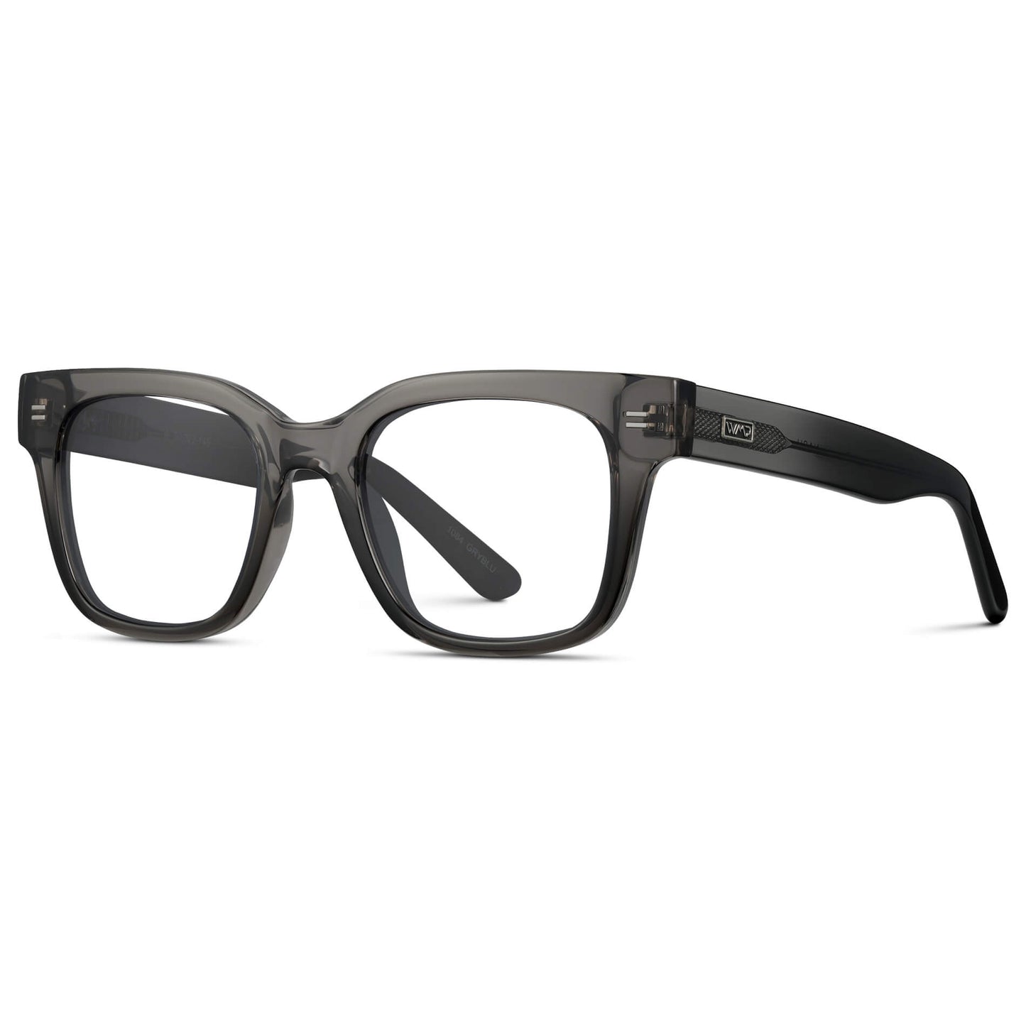 Black Ice Fade || Square Frame Glasses with Clear Prescription Lenses side view.