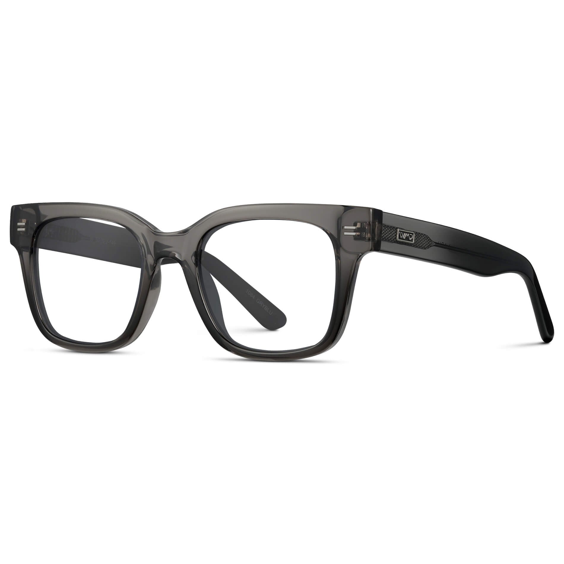 Black Ice Fade || Square Frame Glasses with Clear Prescription Lenses side view.