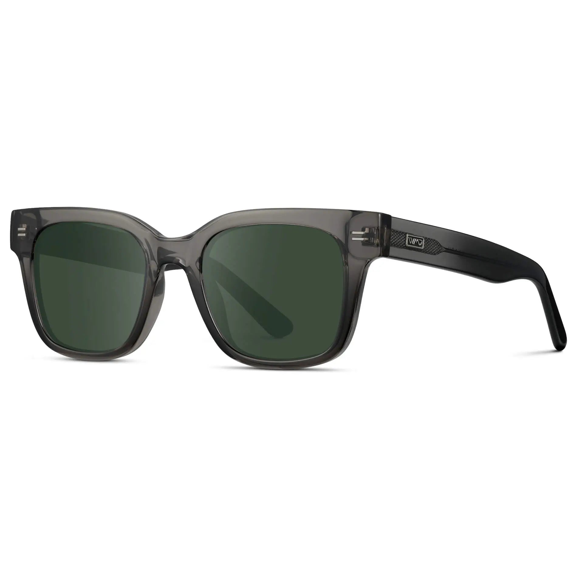 Black Ice Fade / G15 || Side view of Men's Square Frame Prescription Sunglasses with Grey Frame and Green Lenses