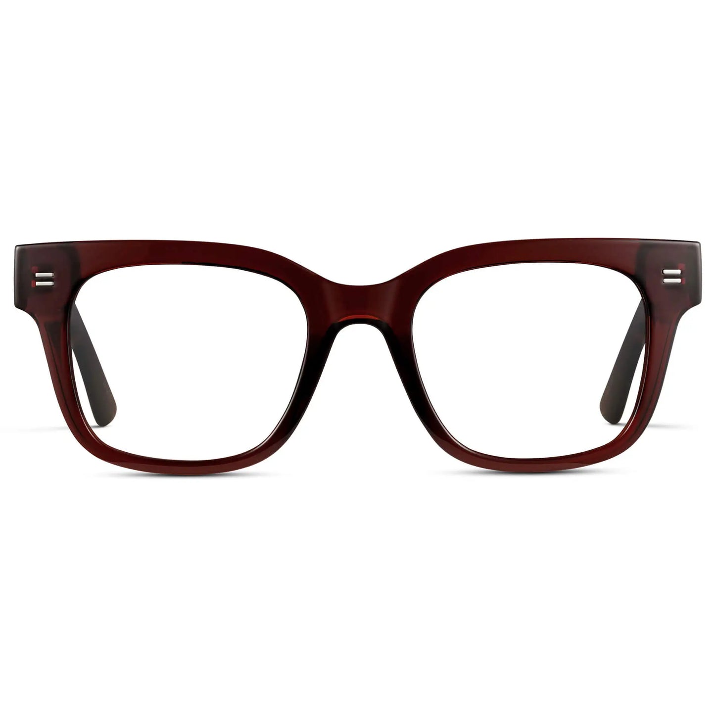Red Garnet || Men's Square Prescription Glasses with Red Garnet Frames and Clear Lenses on a white background