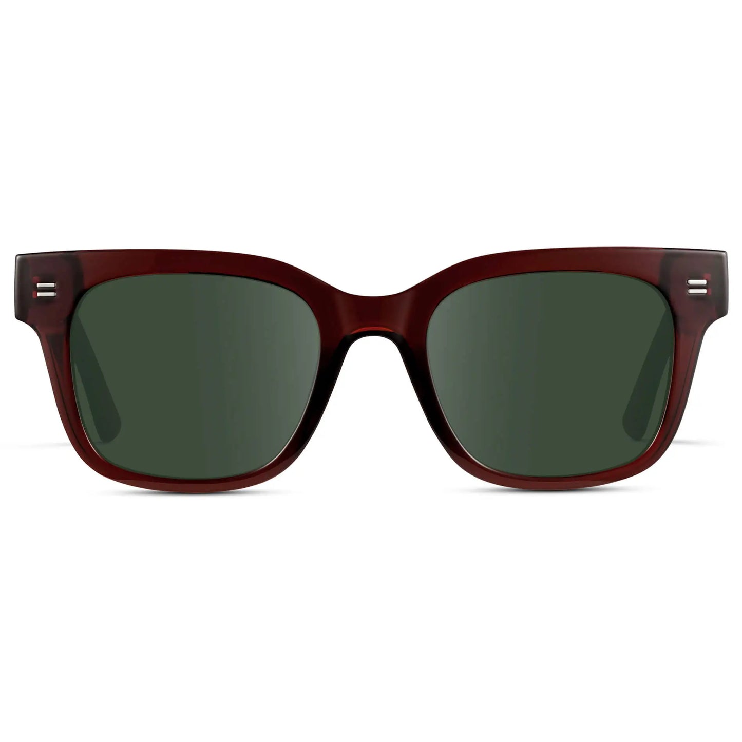Red Garnet / G15 || Front view of Men's Square Frame Prescription Sunglasses with Red Frame and Green Lenses