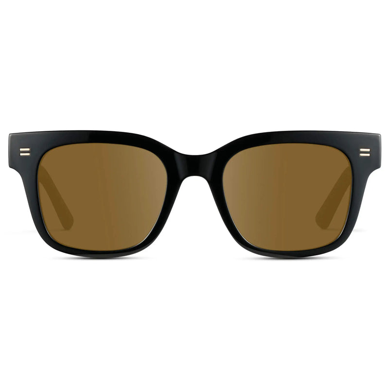 Black / Amber || Front view of Men's Square Frame Prescription Sunglasses with Black Frame and Brown Lenses