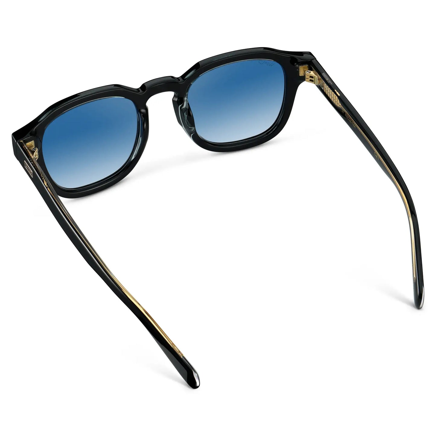 Black / Blue Gradient Tinted Lens || Back view of Men's Geometric Square Sunglasses with Black Frame and Blue Gradient Tinted Lens on a white background