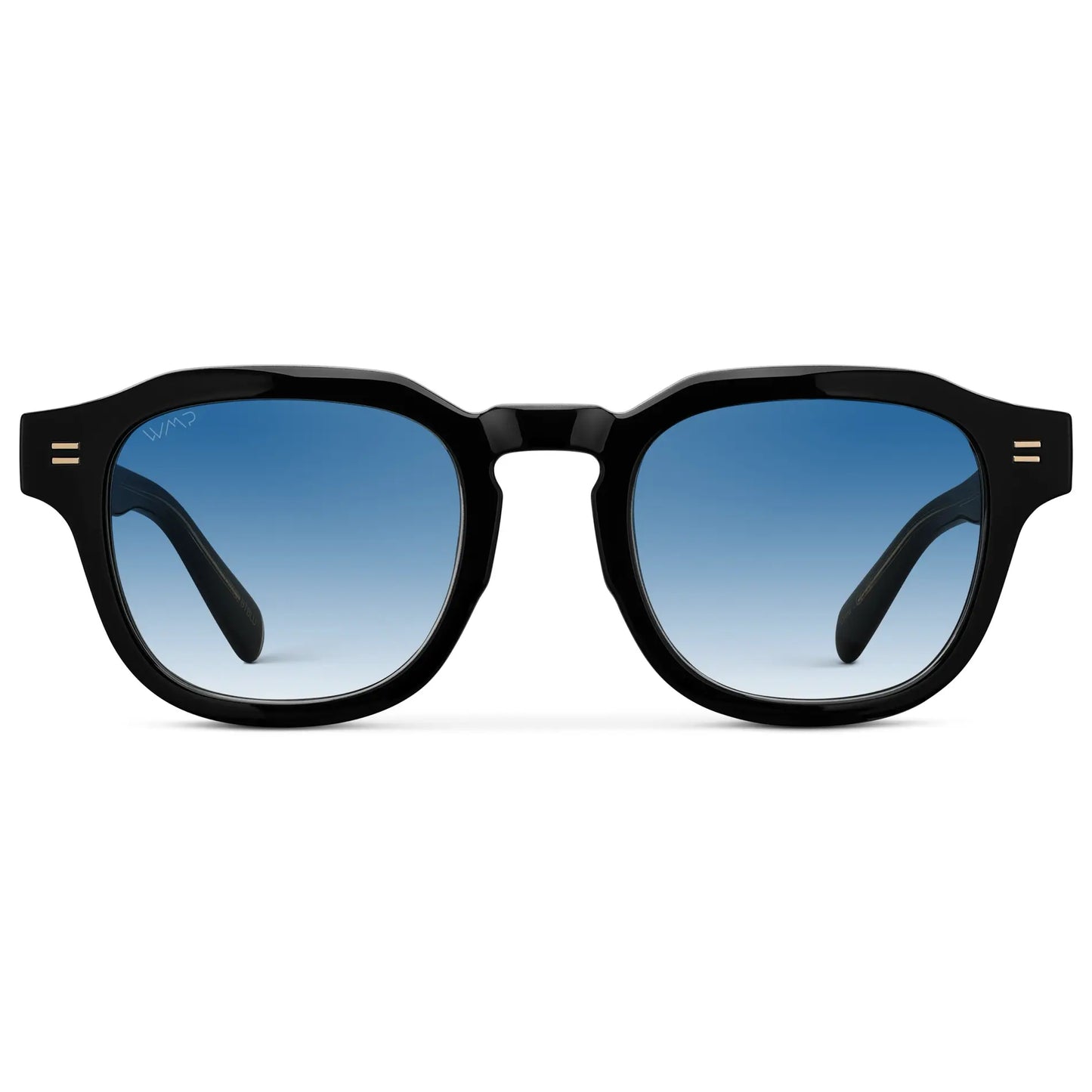 Black / Blue Gradient Tinted Lens || Front view of Men's Geometric Square Sunglasses with Black Frame and Blue Gradient Tinted Lens on a white background