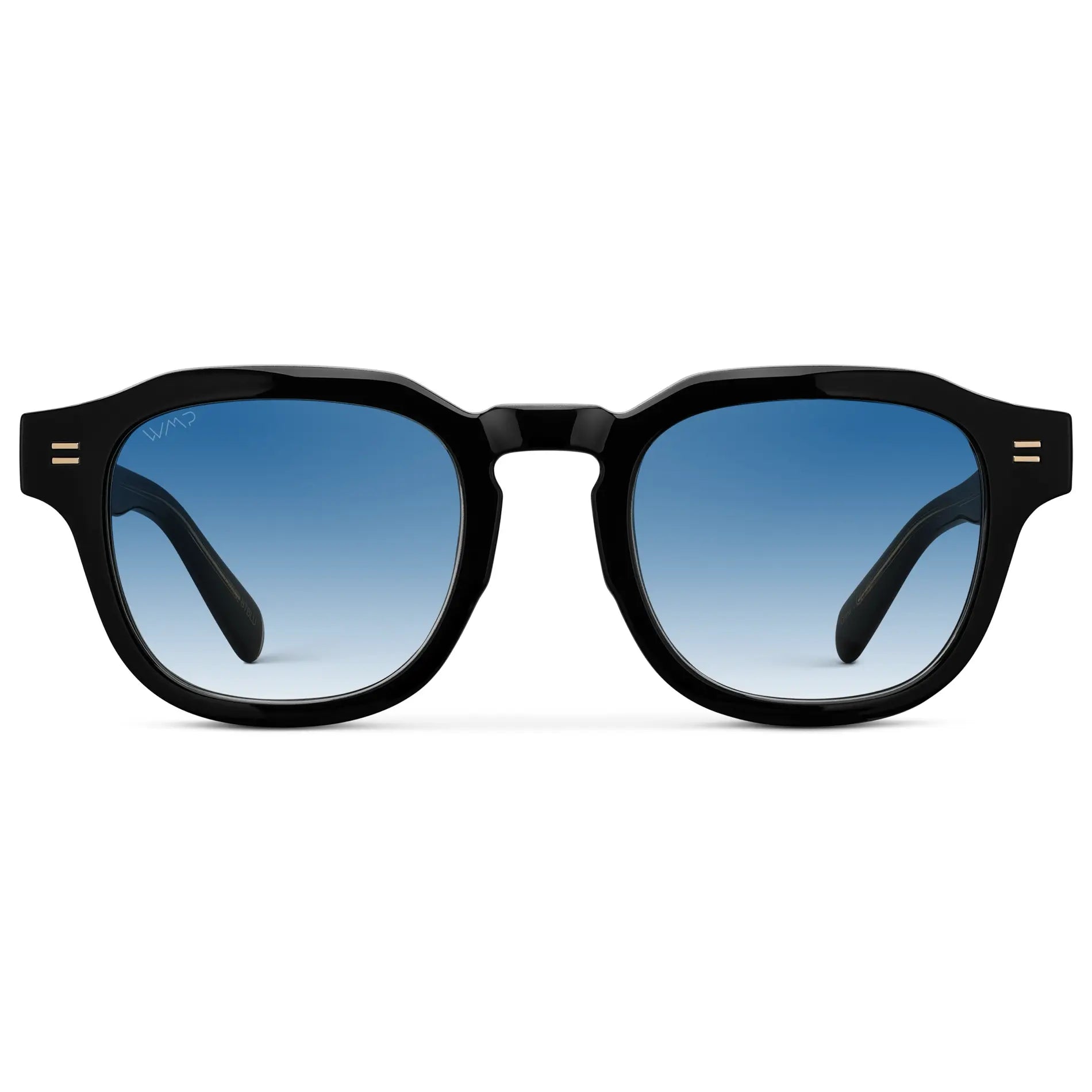 Black / Blue Gradient Tinted Lens || Front view of Men's Geometric Square Sunglasses with Black Frame and Blue Gradient Tinted Lens on a white background