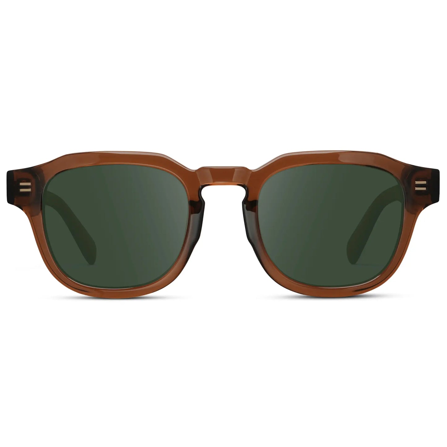 Terracotta Brown / G15 || Front view of Men's Square Prescription Sunglasses with Terracotta Brown Acetate Frame and Green Prescription Lens
