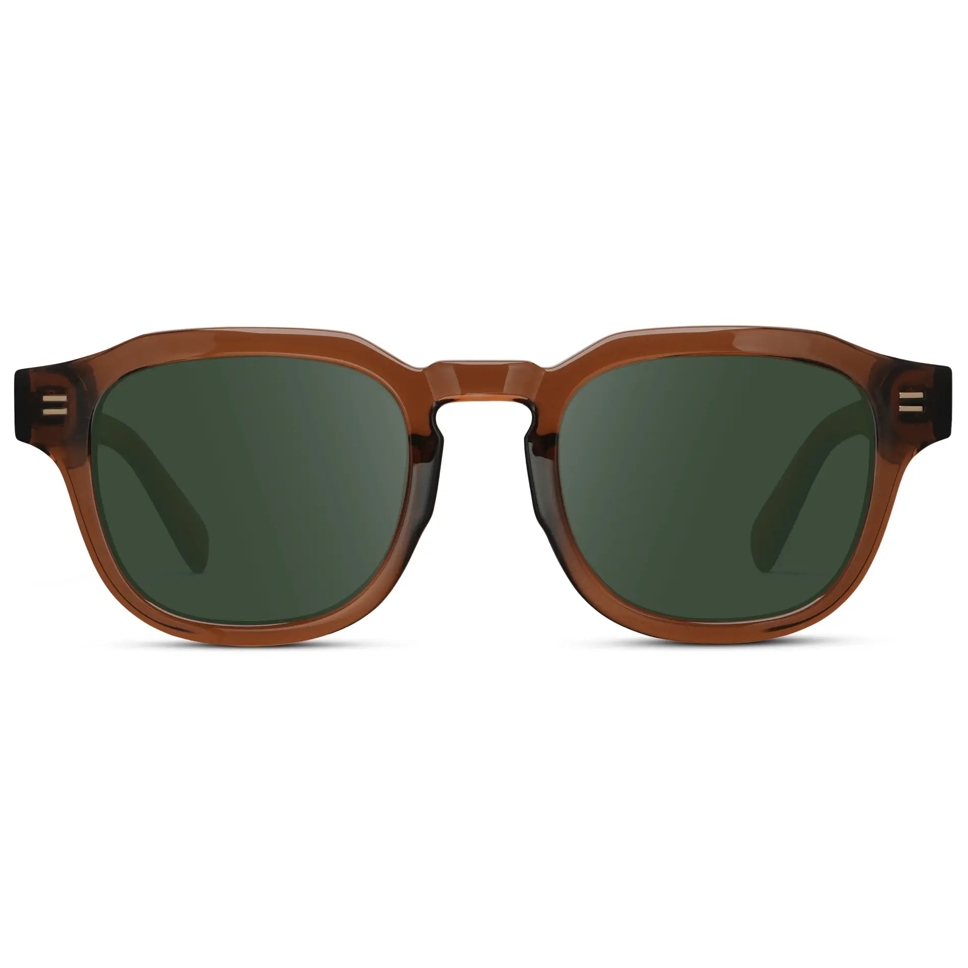 Terracotta Brown / G15 || Front view of Men's Square Prescription Sunglasses with Terracotta Brown Acetate Frame and Green Prescription Lens