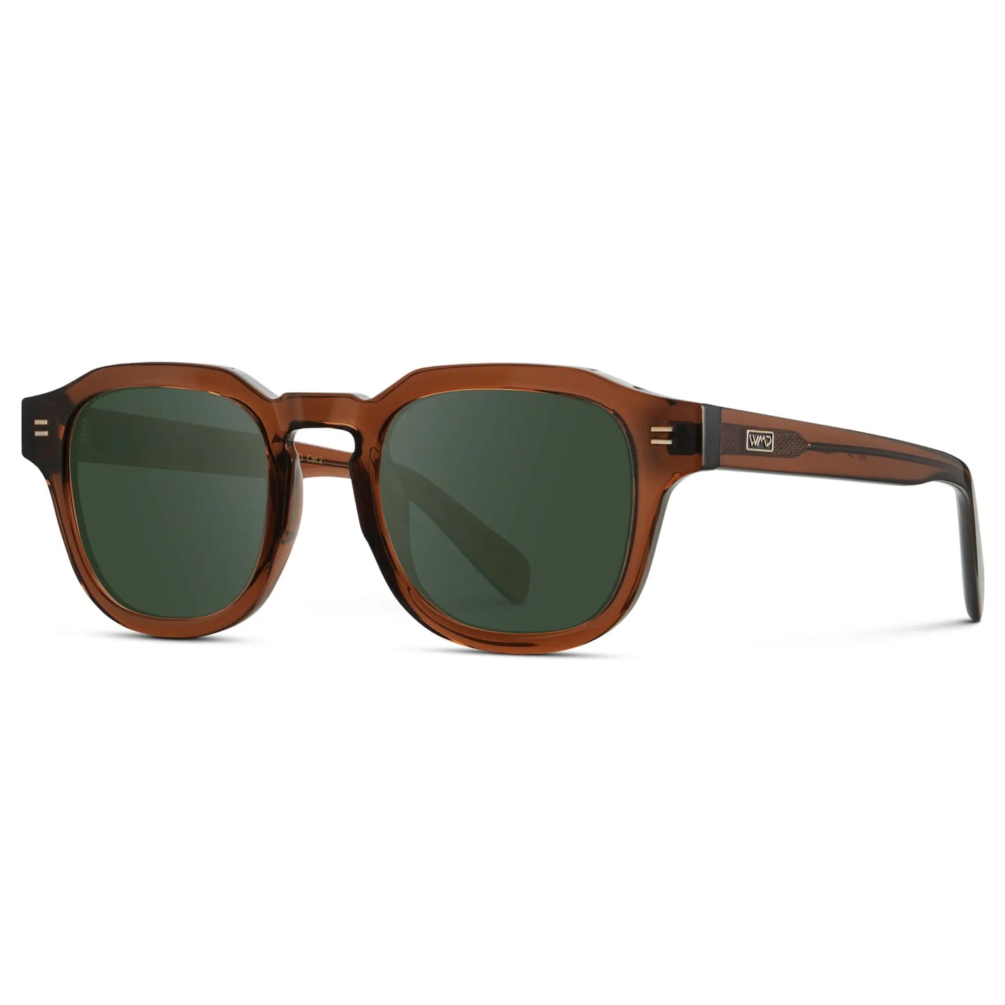 Terracotta Brown / G15 || Side view of Men's Square Prescription Sunglasses with Terracotta Brown Acetate Frame and Green Prescription Lens