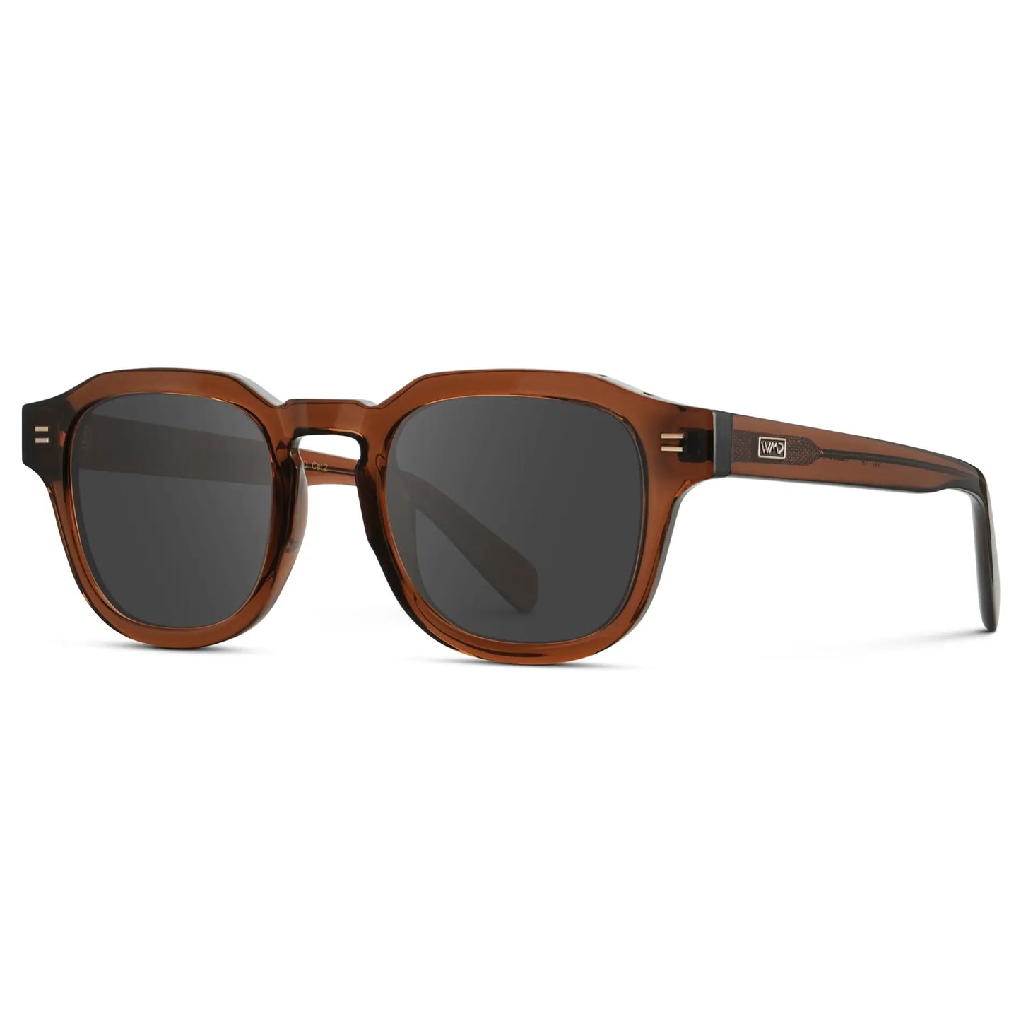 Terracotta Brown / Grey || Side view of Men's Square Prescription Sunglasses with Terracotta Brown Acetate Frame and Grey Prescription Lens