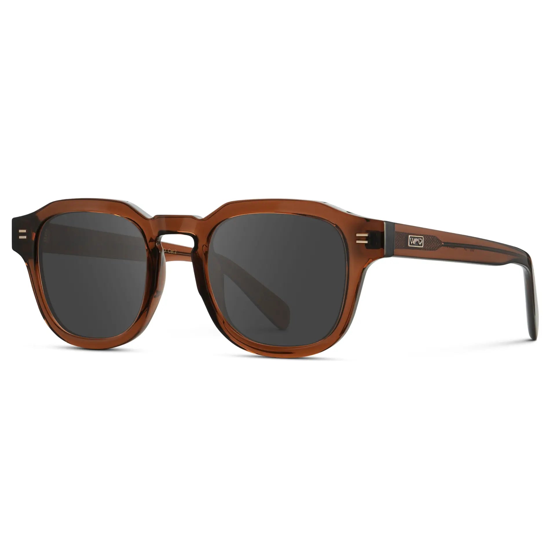 Terracotta Brown / Grey || Side view of Men's Square Prescription Sunglasses with Terracotta Brown Acetate Frame and Grey Prescription Lens