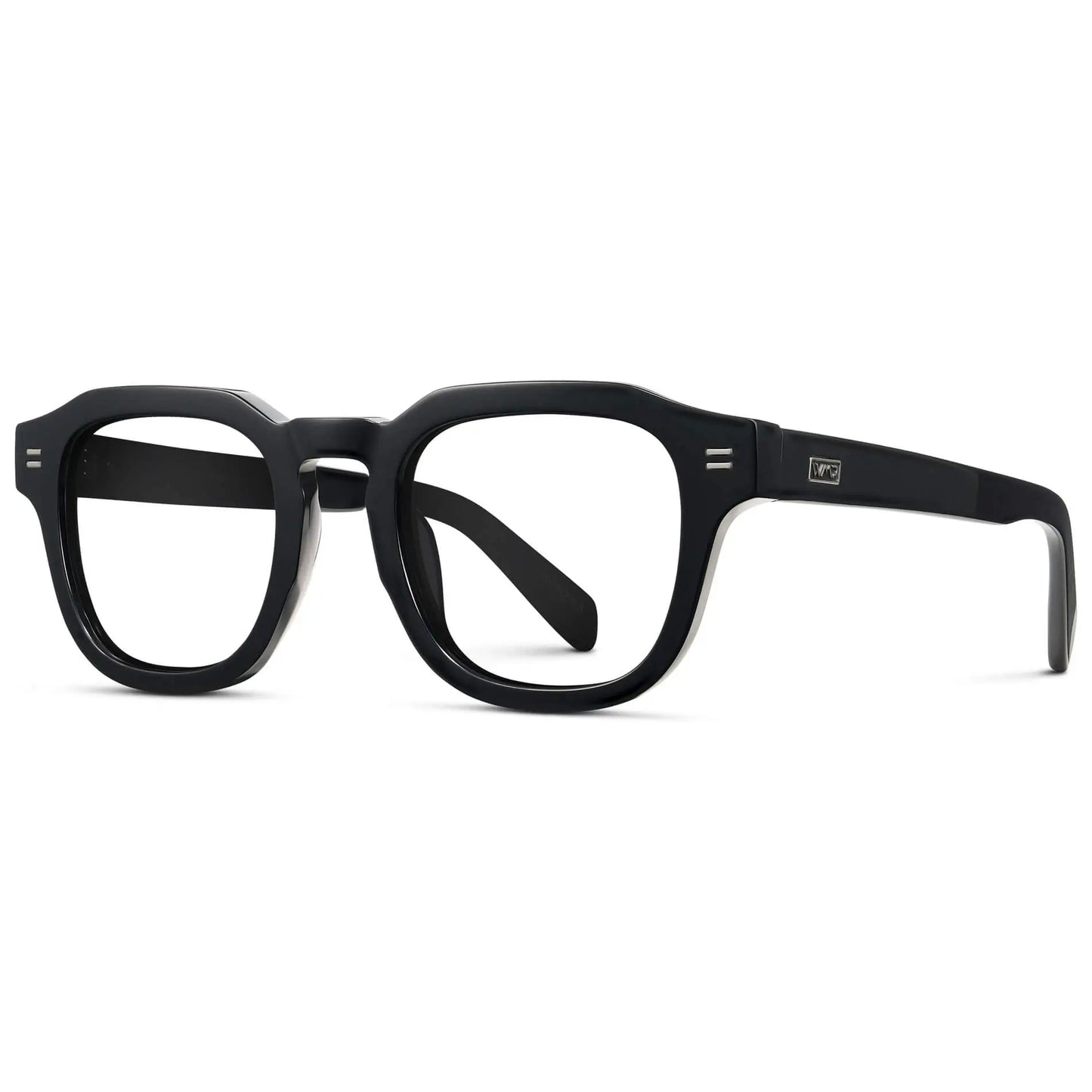 Black || Side view of Men's Square Prescription Eyeglasses with Black Acetate Frame and Clear Prescription Lens on a white background