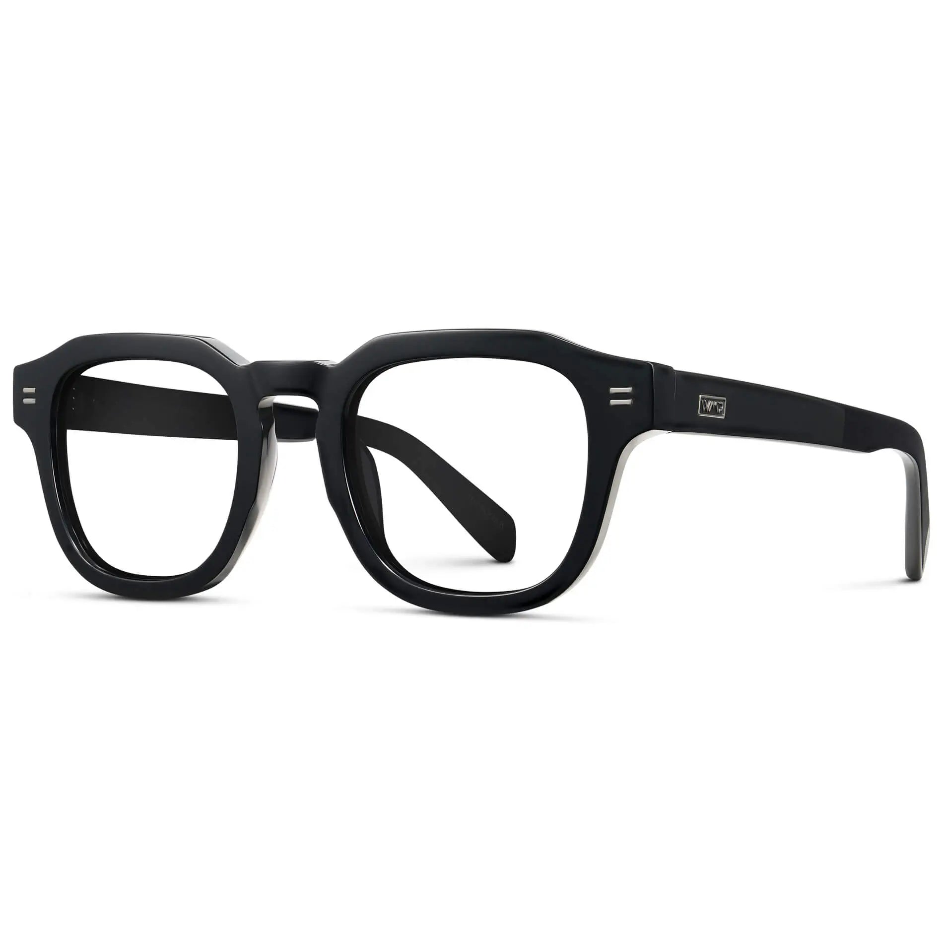 Black || Side view of Men's Square Prescription Eyeglasses with Black Acetate Frame and Clear Prescription Lens on a white background