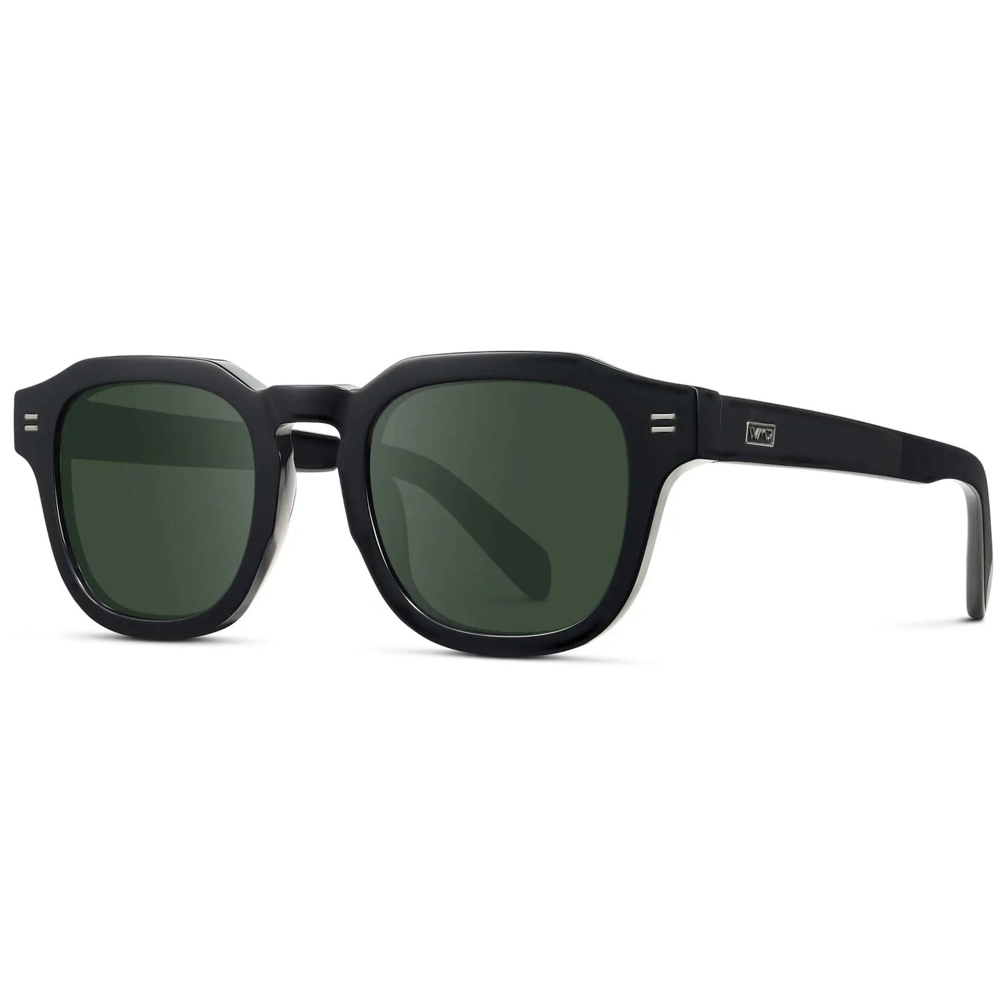 Black / G15 || Side view of Men's Square Prescription Eyeglasses with Black Acetate Frame and Green Prescription Lens