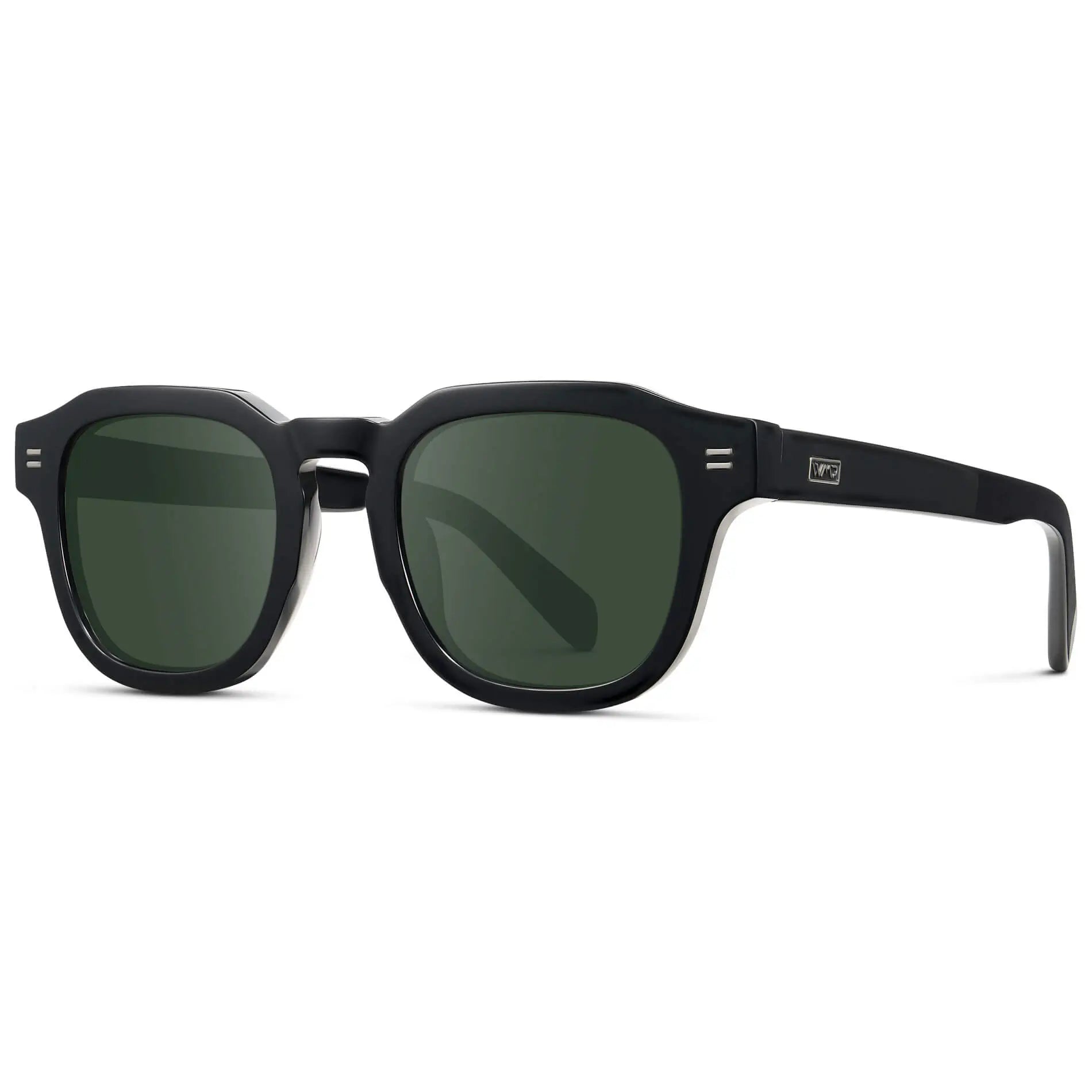 Black / G15 || Side view of Men's Square Prescription Eyeglasses with Black Acetate Frame and Green Prescription Lens