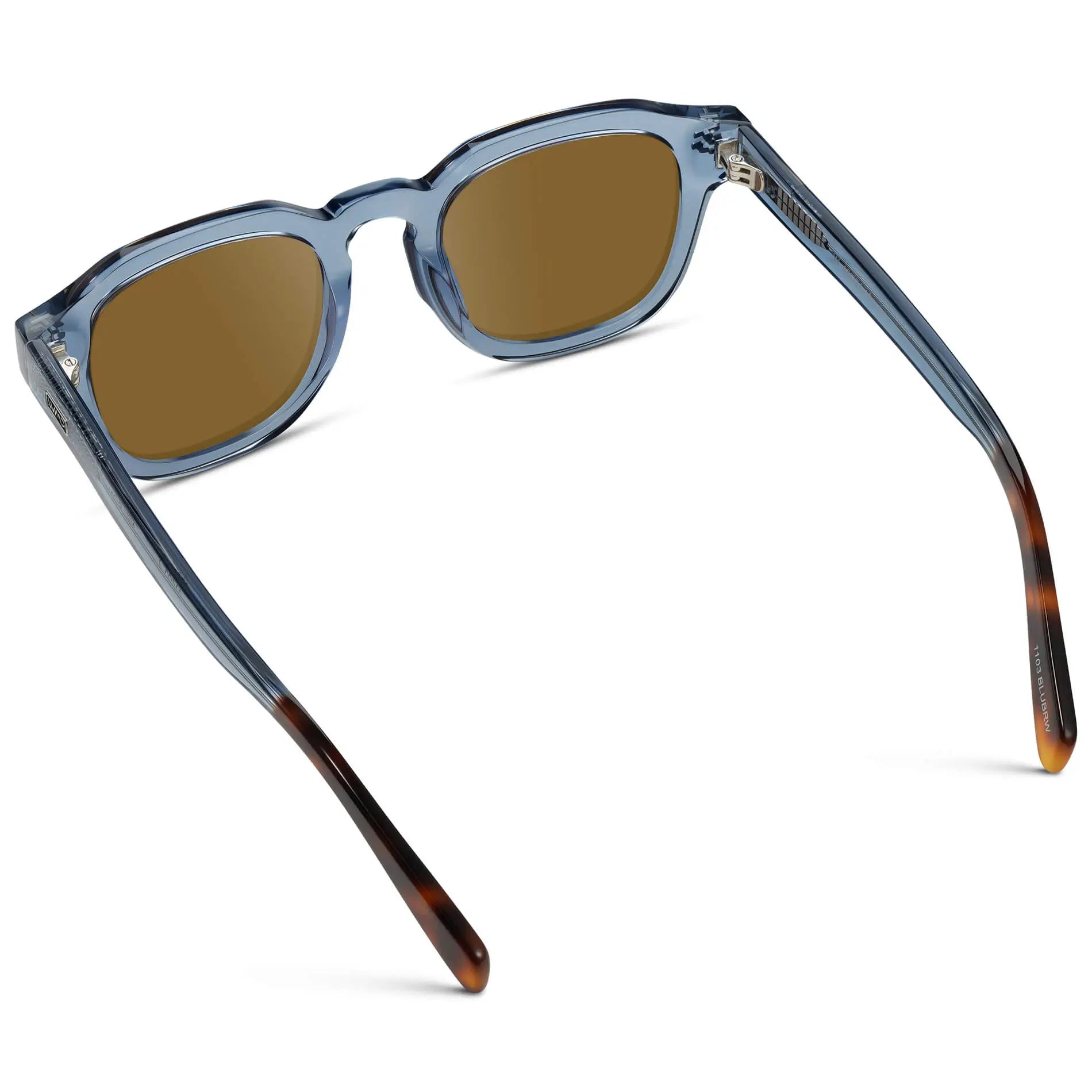 Denim Blue / Amber || Back view of Men's Square Prescription Sunglasses with Blue Acetate Frame and Brown Prescription Lens