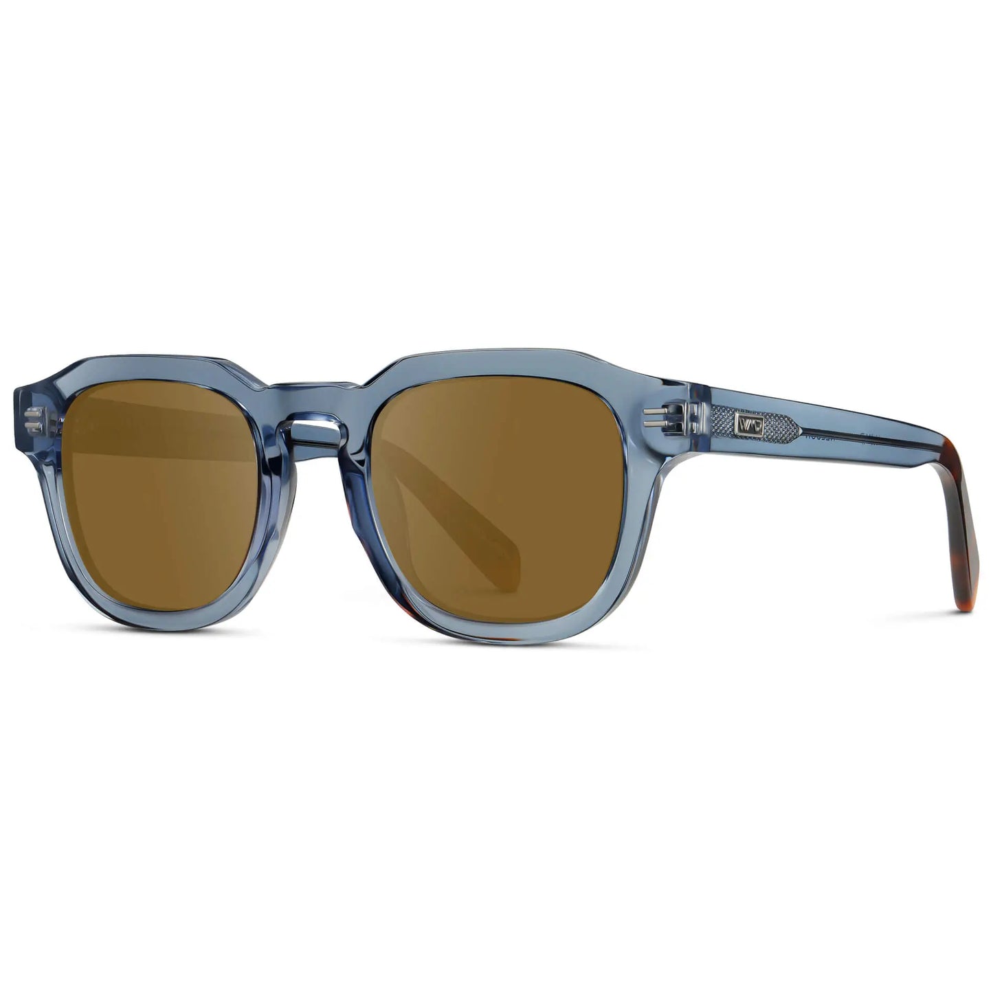 Denim Blue / Amber || Side view of Men's Square Prescription Sunglasses with Blue Acetate Frame and Brown Prescription Lens