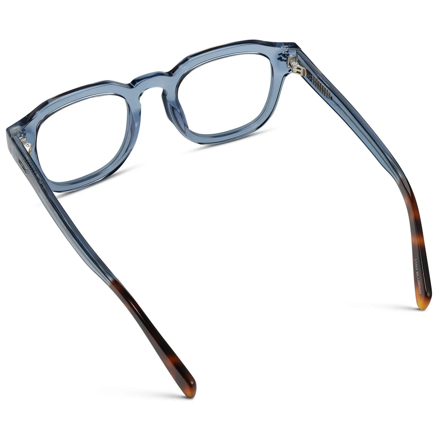 Denim Blue || Back view of Men's Square Prescription Eyeglasses with Denim Blue Acetate Frame and Clear Prescription Lens on a white background