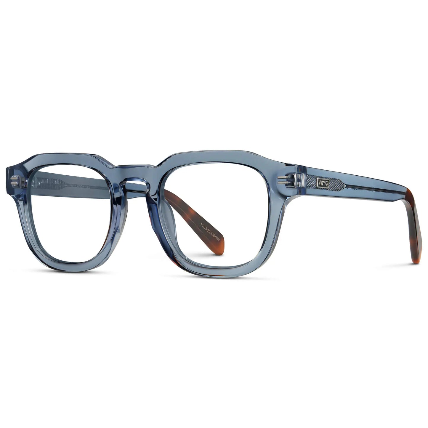 Denim Blue || Side view of Men's Square Prescription Eyeglasses with Denim Blue Acetate Frame and Clear Prescription Lens on a white background
