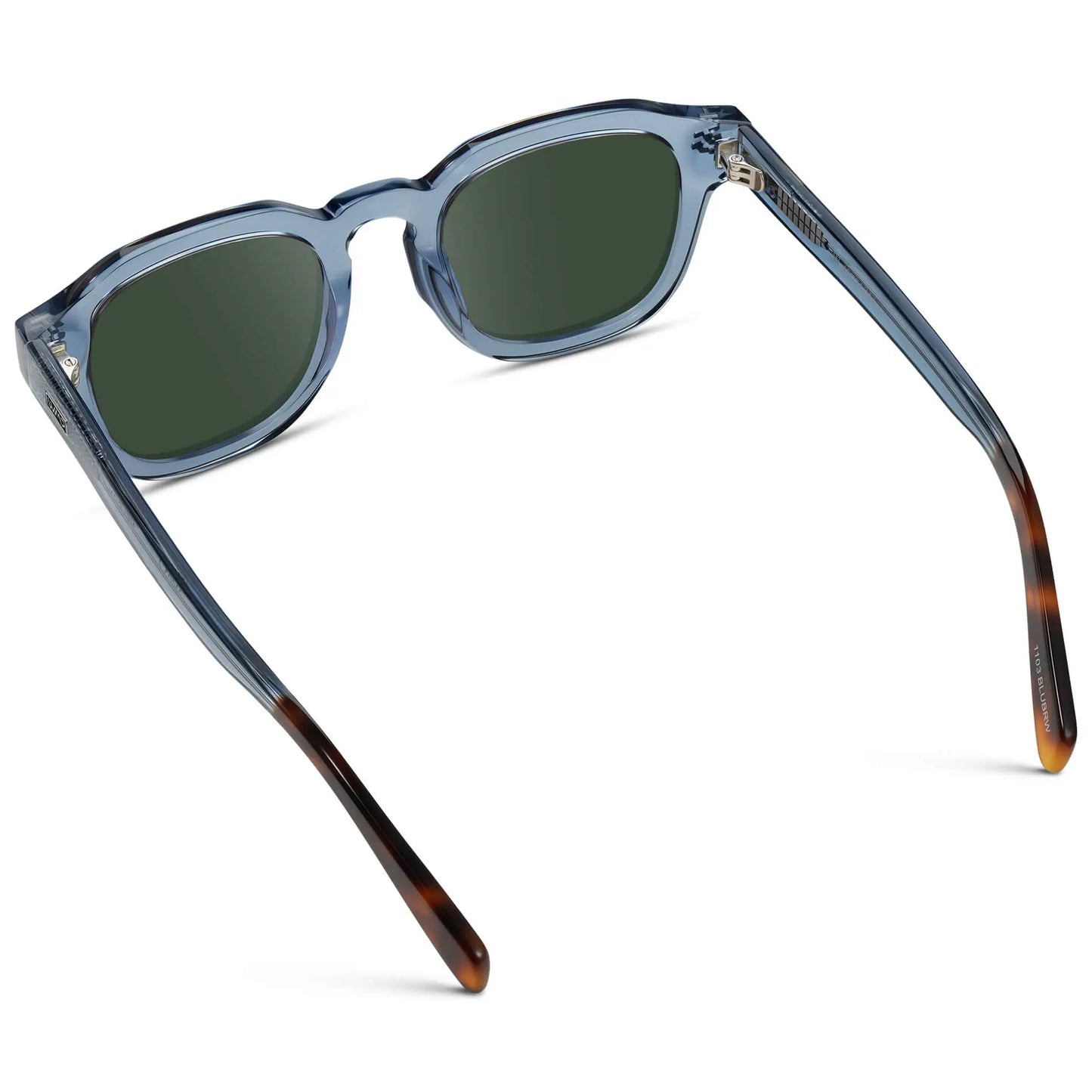 Denim Blue / G15 || Back view of Men's Square Prescription Sunglasses with Blue Acetate Frame and Green Prescription Lens