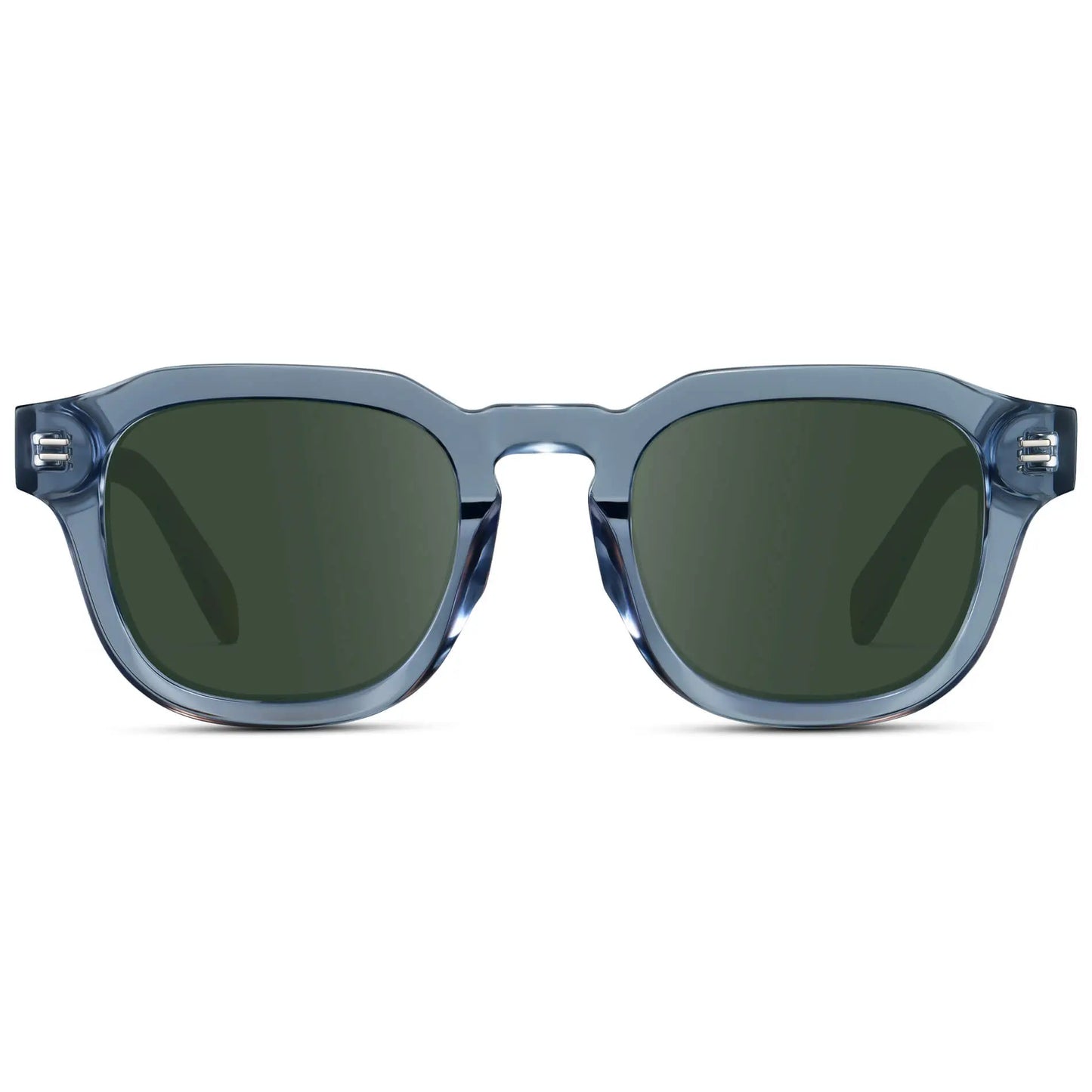 Denim Blue / G15 || Front view of Men's Square Prescription Sunglasses with Blue Acetate Frame and Green Prescription Lens