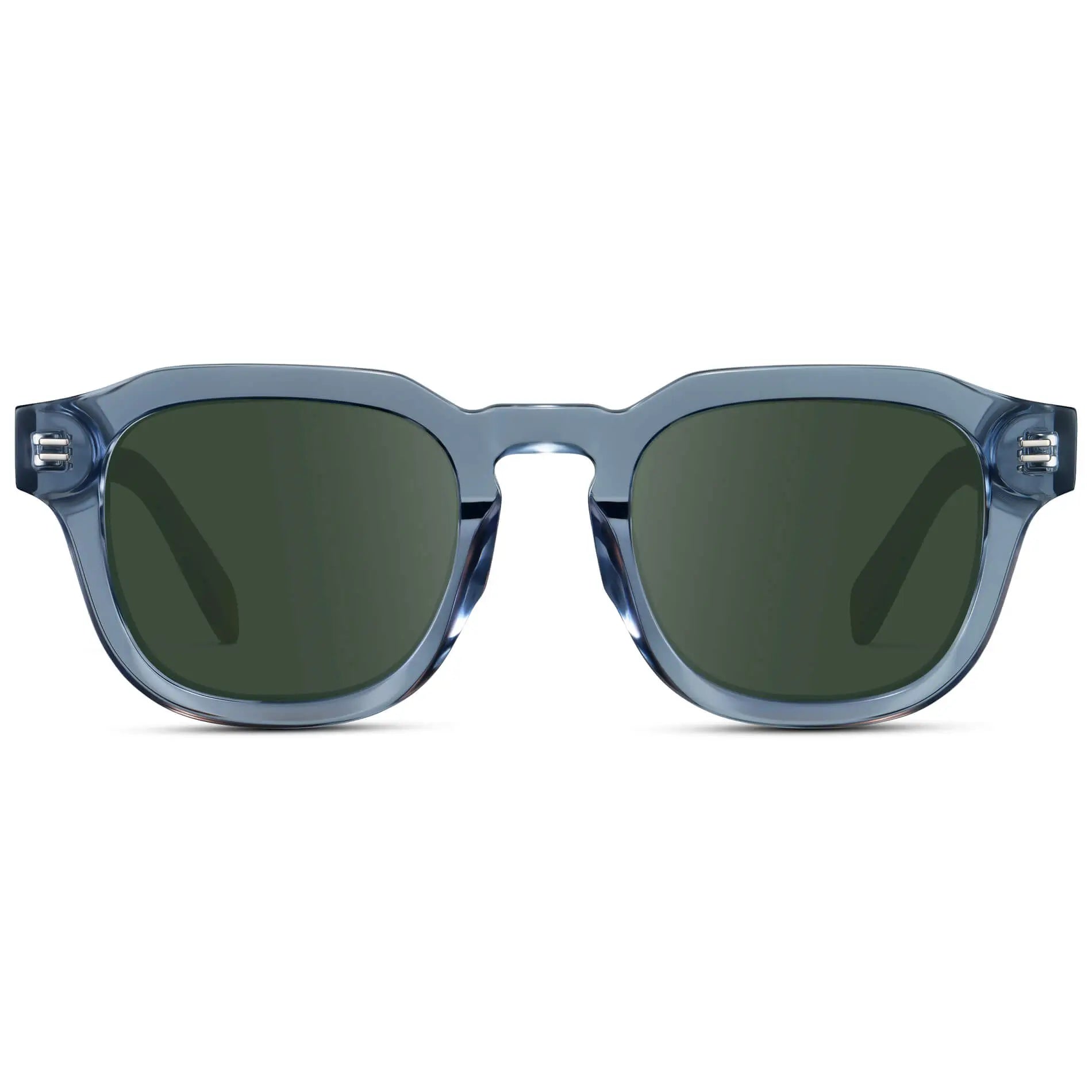 Denim Blue / G15 || Front view of Men's Square Prescription Sunglasses with Blue Acetate Frame and Green Prescription Lens