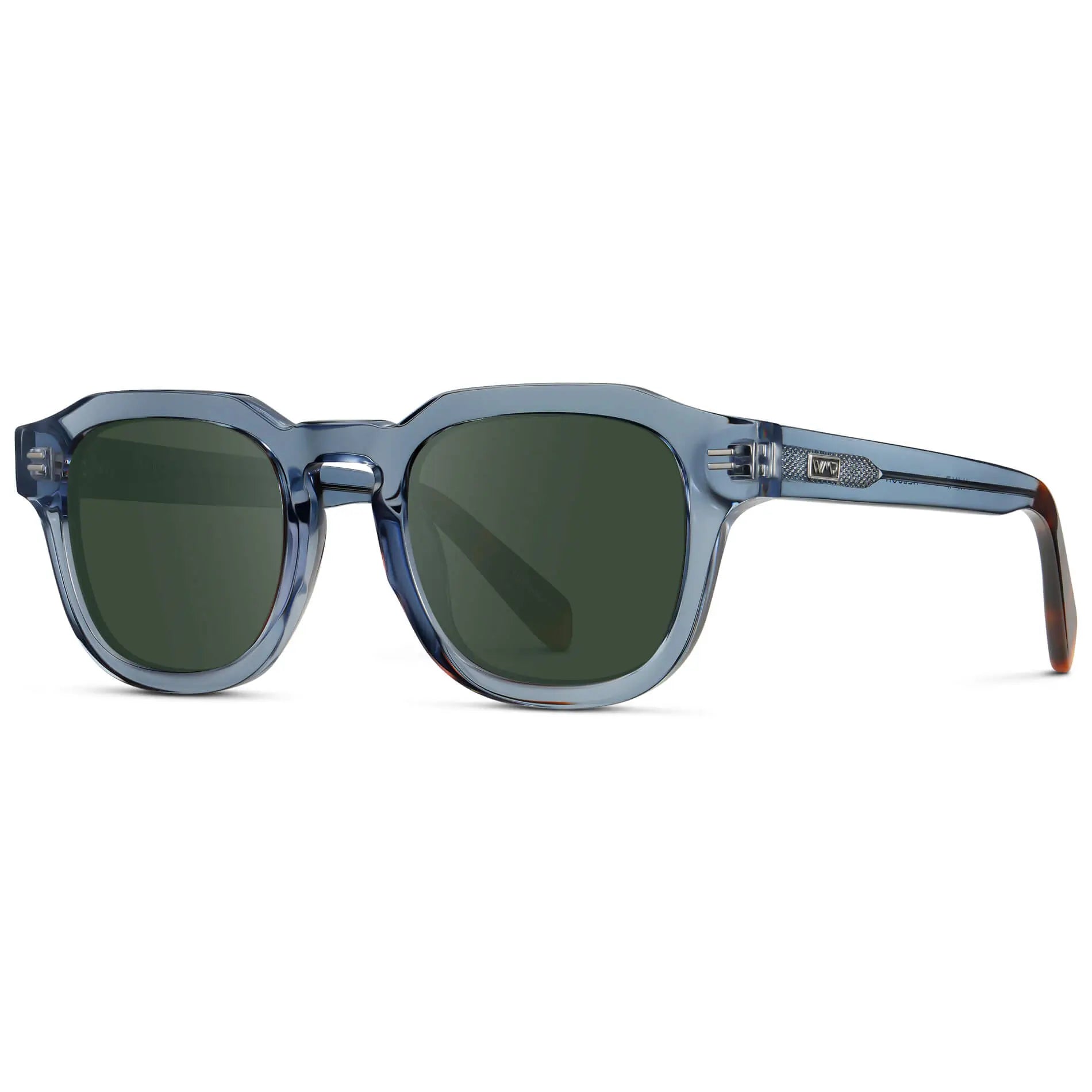 Denim Blue / G15 || Side view of Men's Square Prescription Sunglasses with Blue Acetate Frame and Green Prescription Lens