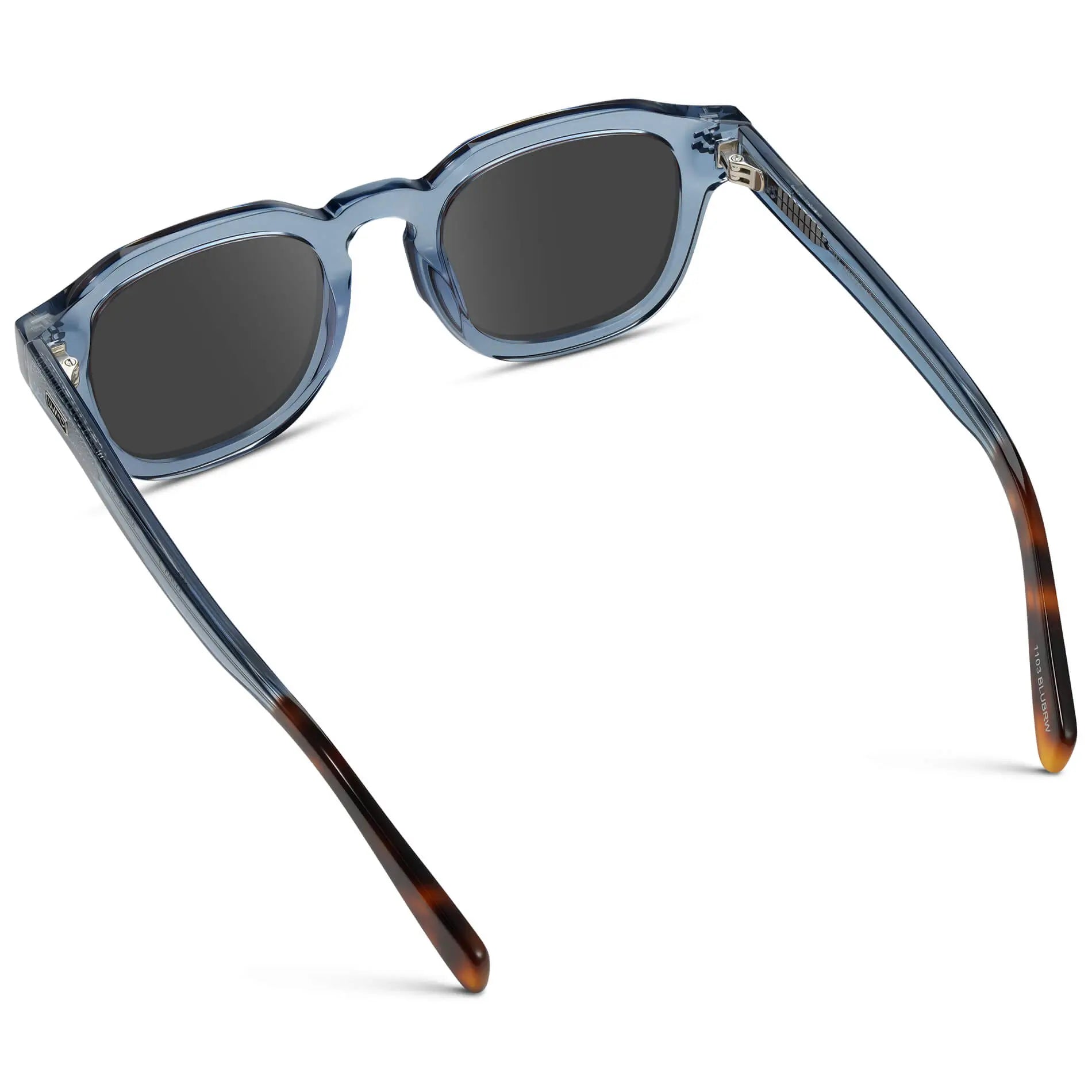 Denim Blue / Grey || Back view of Men's Square Prescription Sunglasses with Blue Acetate Frame and Grey Prescription Lens