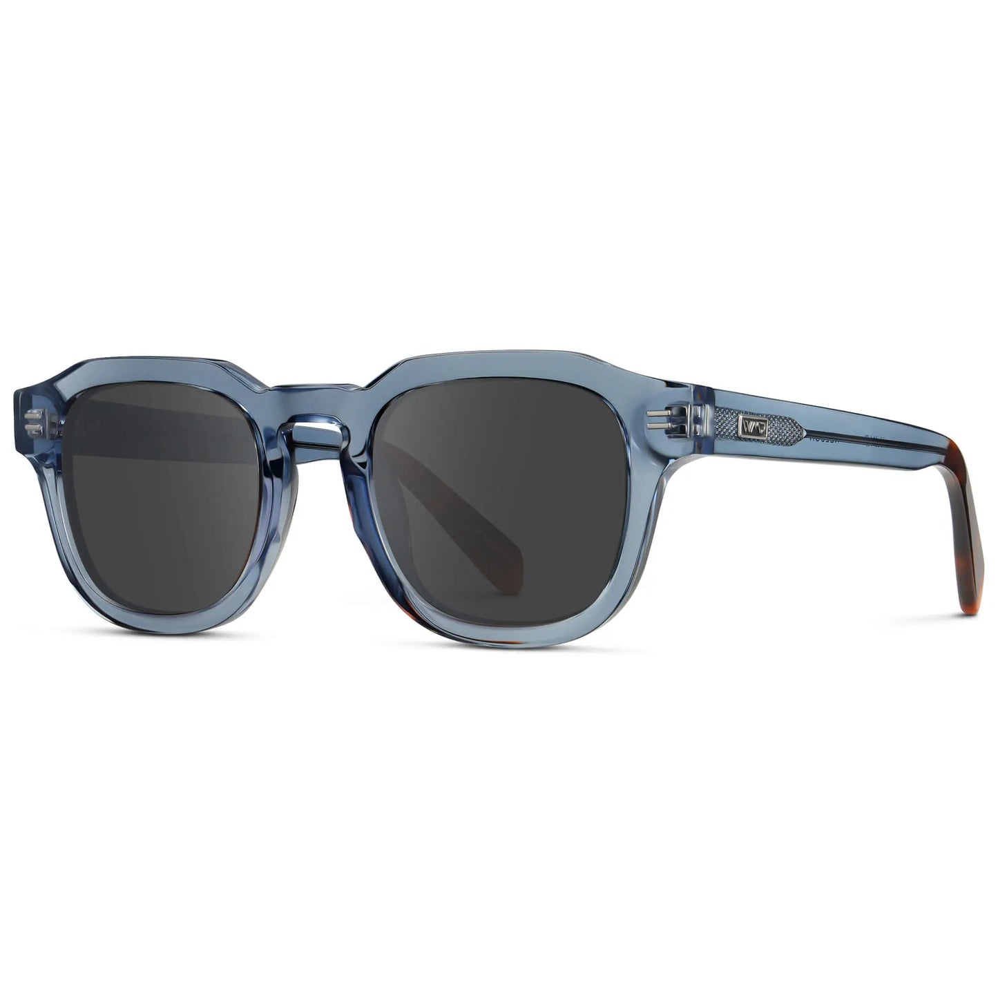 Denim Blue / Grey || Side view of Men's Square Prescription Sunglasses with Blue Acetate Frame and Grey Prescription Lens