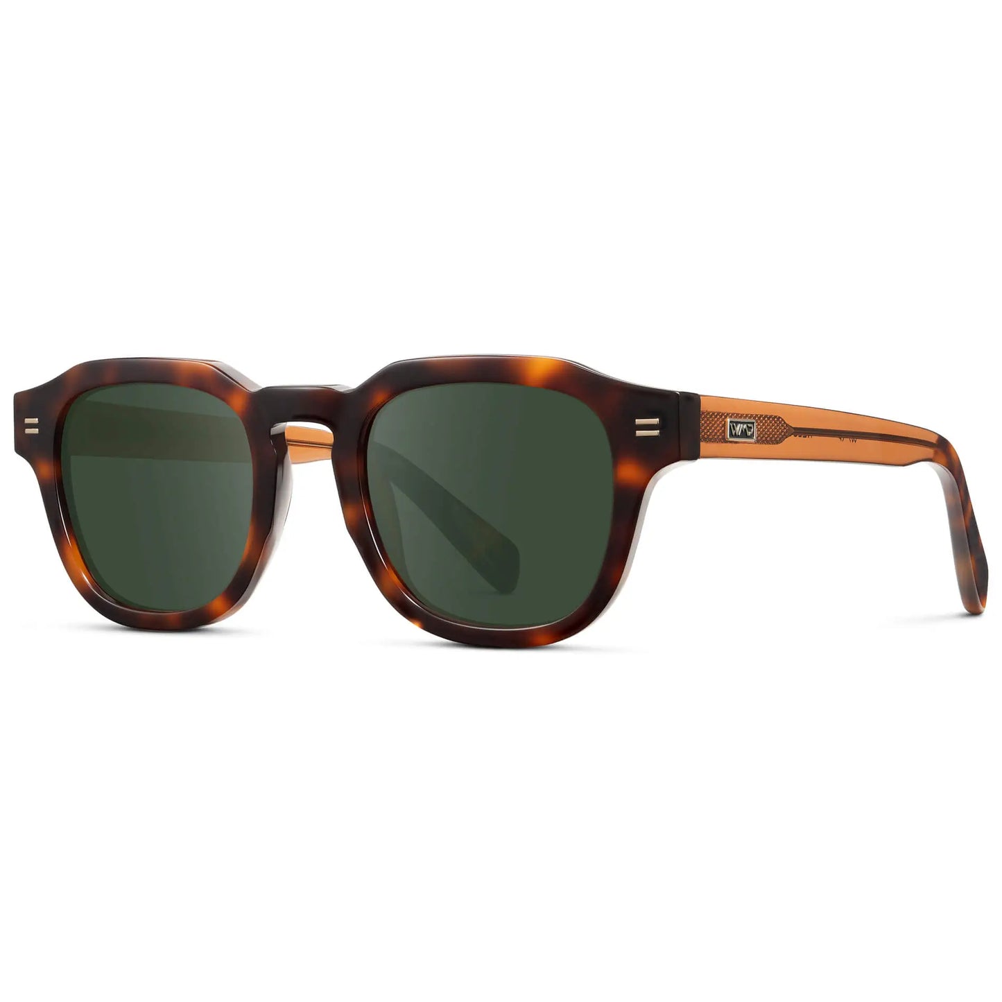 Havana Tortoise / G15 || Side view of Men's Square Prescription Sunglasses with Brown Tortoise Acetate Frame and Green Prescription Lens