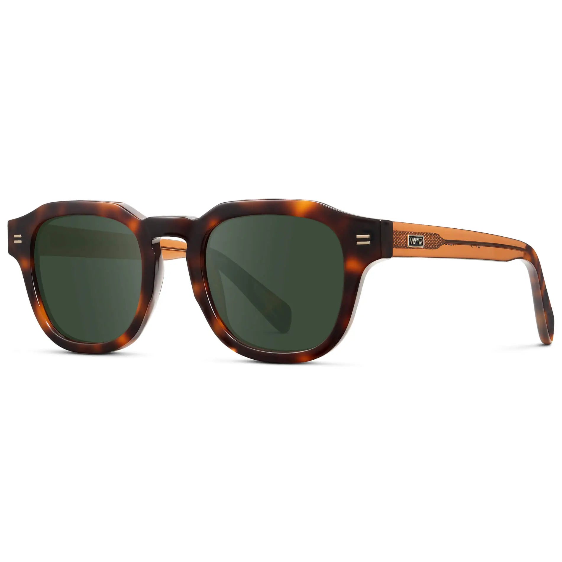 Havana Tortoise / G15 || Side view of Men's Square Prescription Sunglasses with Brown Tortoise Acetate Frame and Green Prescription Lens