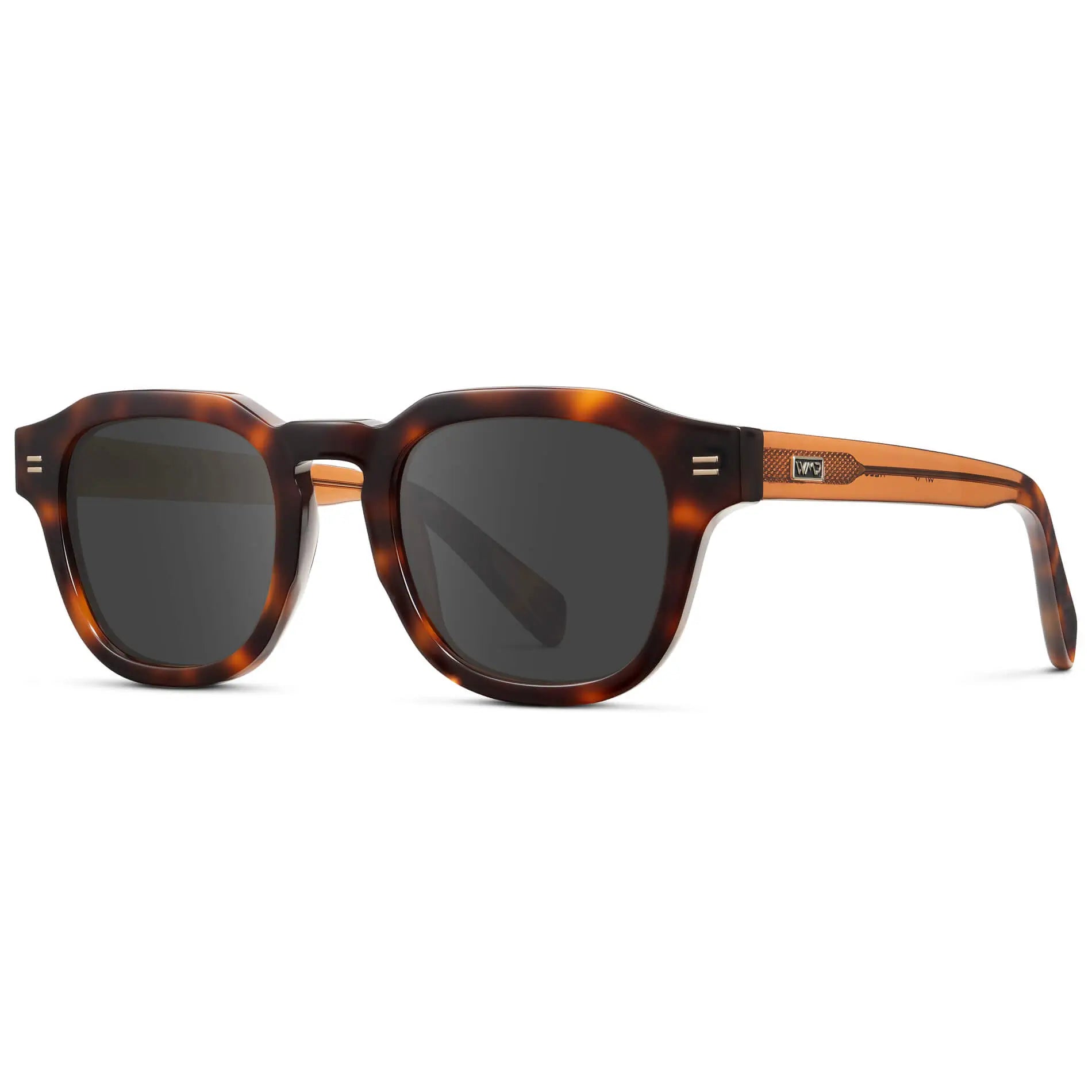 Havana Tortoise / Grey || Side view of Men's Square Prescription Sunglasses with Brown Tortoise Acetate Frame and Grey Prescription Lens