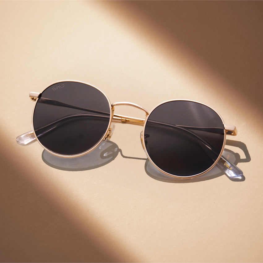 Gold / Black Lens || Gold Round Metal Frame Sunglasses with Black Polarized Lenses
