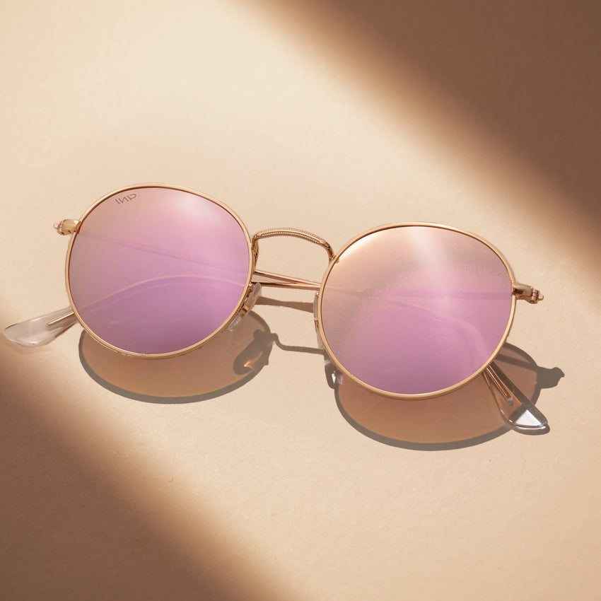 Gold / Pink Lens || Gold Round Metal Frame Sunglasses with Pink UV Protection Lenses