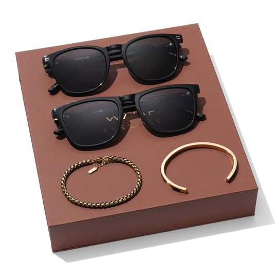 The Obsidian Kit || Men's Gift Kit including Two Pairs of Black Acetate Frame Polarized Black Lens Sunglasses, a stainless steel cuff bracelet, and a stainless steel and polyester rope braided bracelet in gold and black