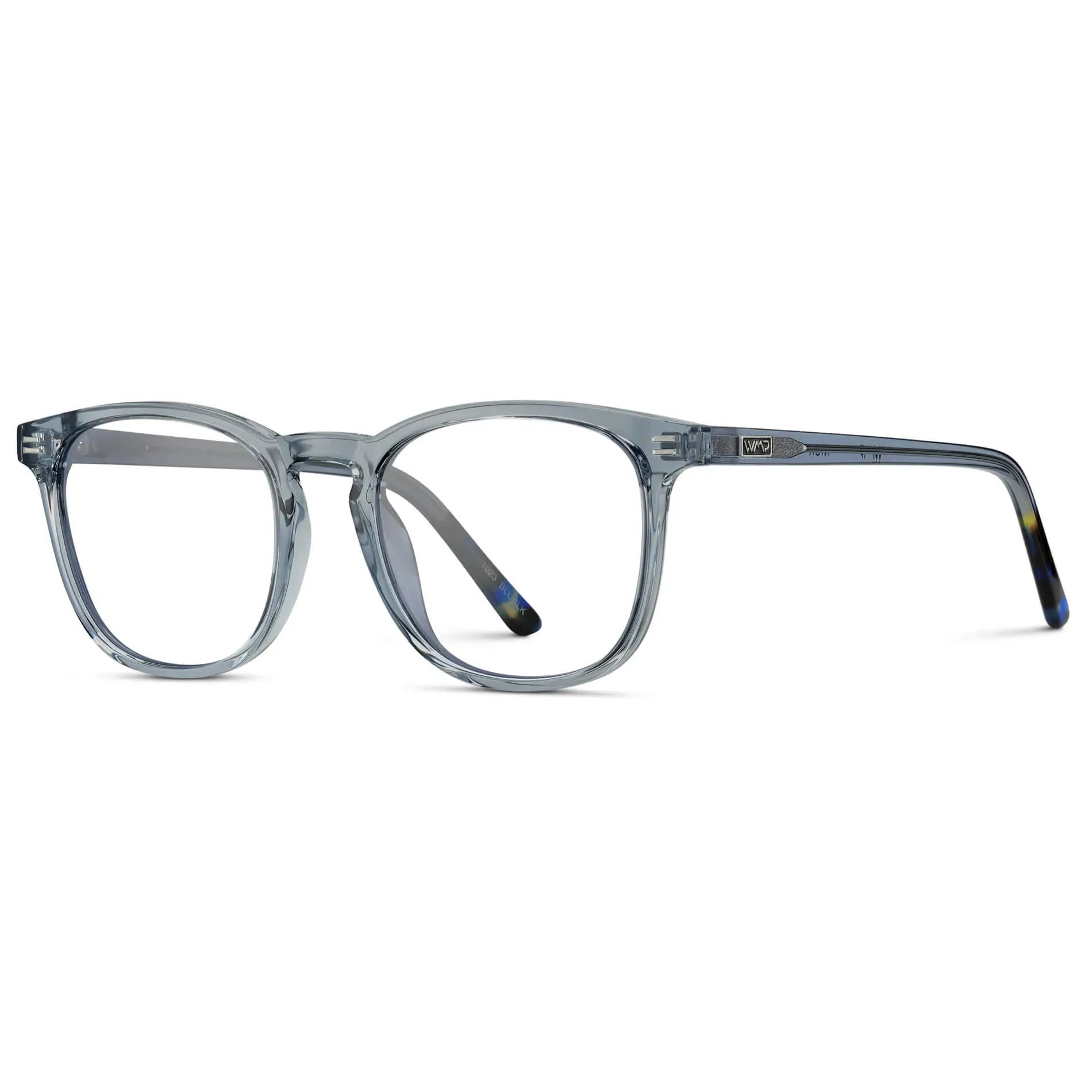 Crystal Cadet Grey || Side view of Men's Square Prescription Glasses with Crystal Cadet Grey Frame and Clear Lenses on a white background