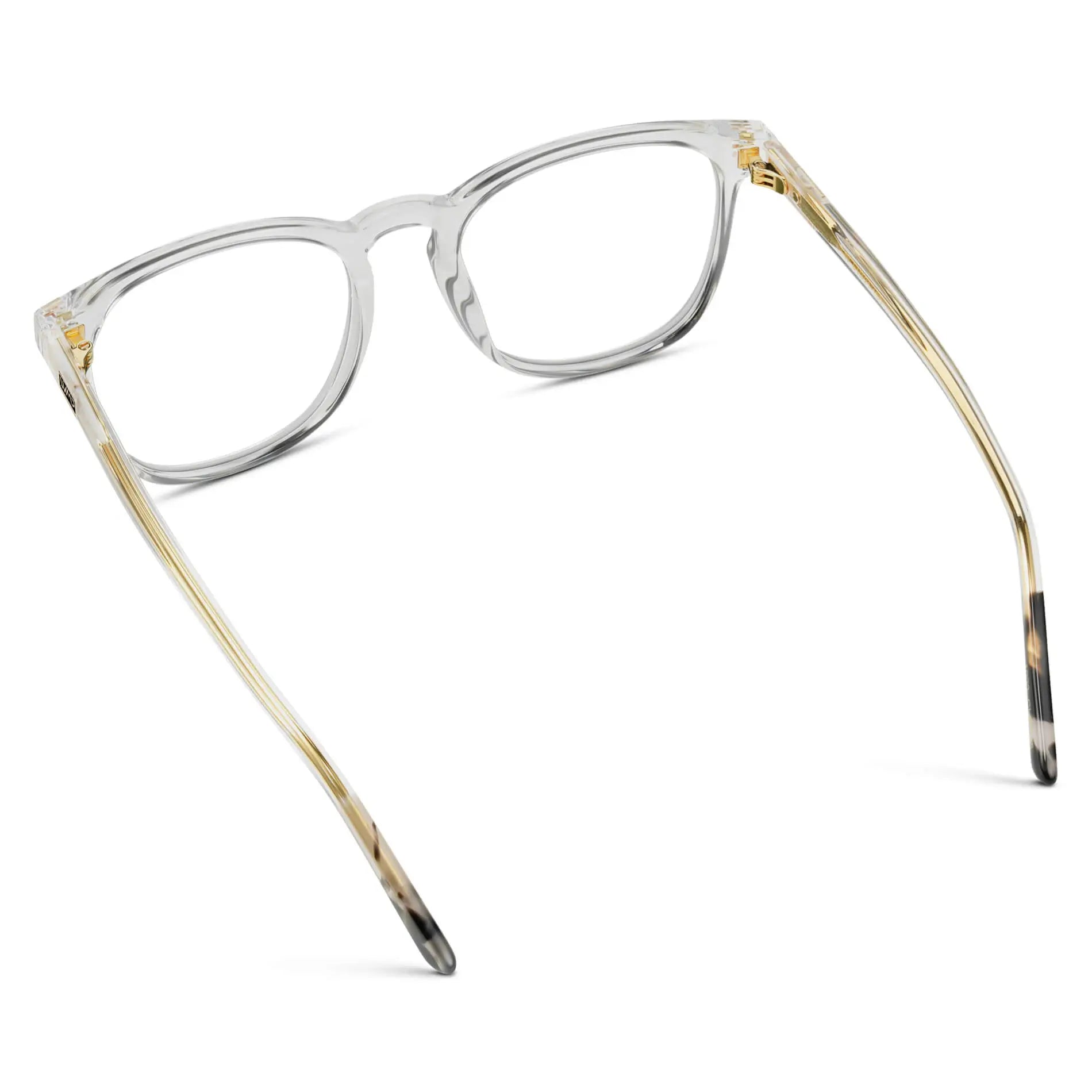 Clear || Back view of Men's Square Prescription Glasses with Clear Frame and Clear Lenses on a white background