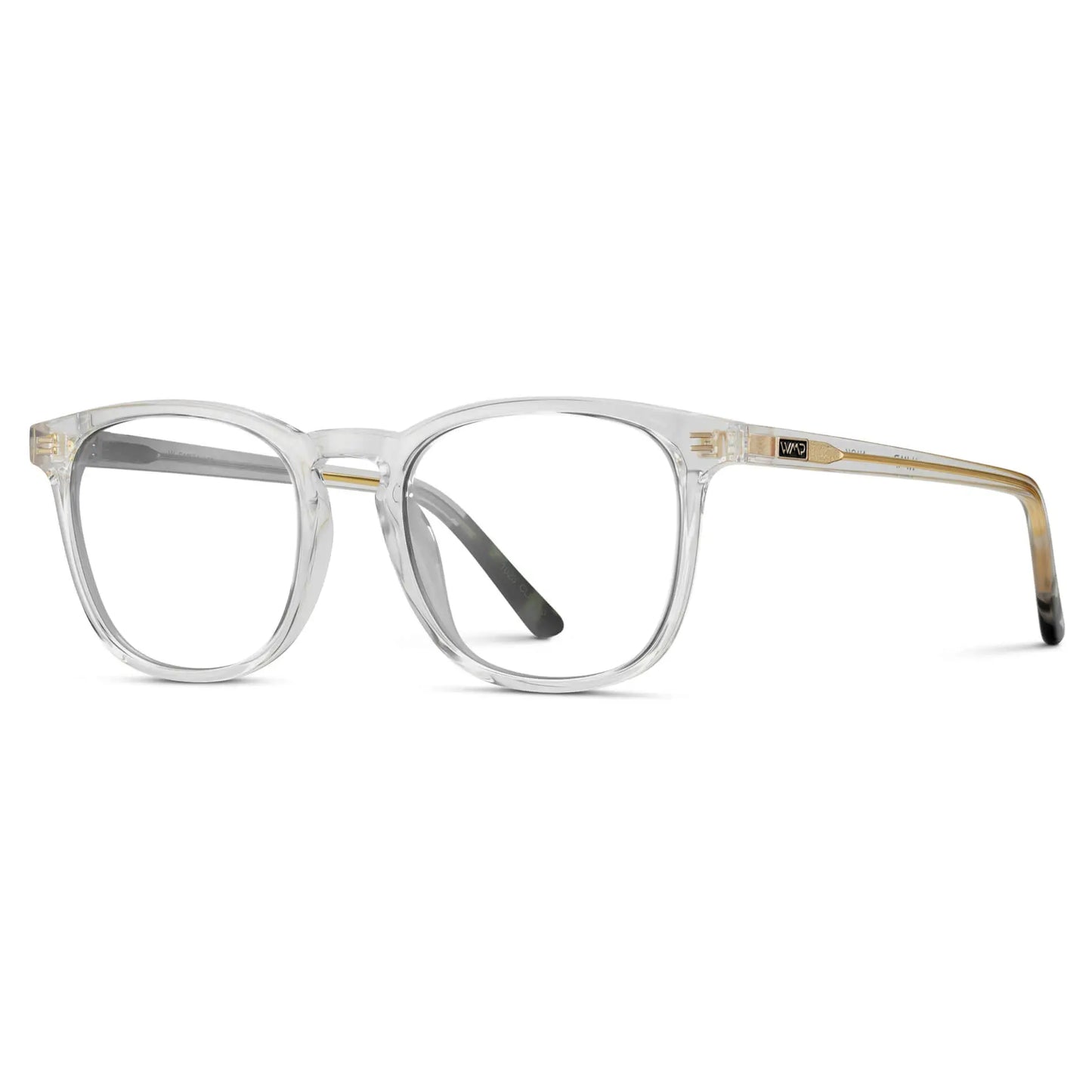 Clear || Side view of Men's Square Prescription Glasses with Clear Frame and Clear Lenses on a white background