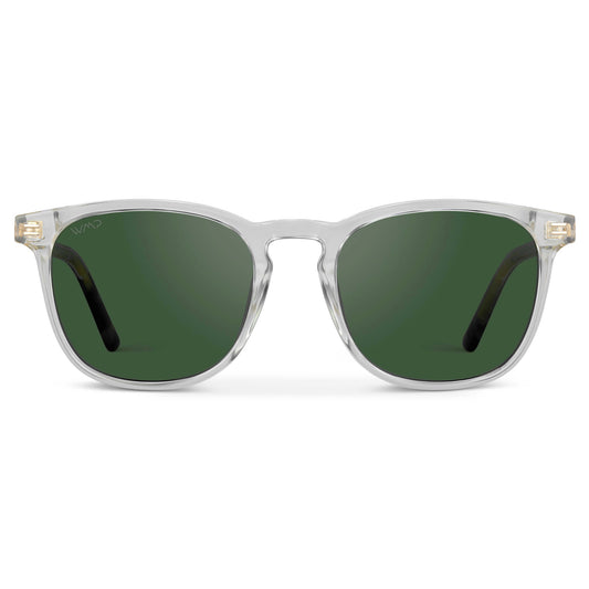 Clear / Smoke Green Lens || Clear Square Frame Sunglasses with Green Polarized Lenses