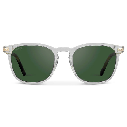 Clear / Smoke Green Lens || Clear Square Frame Sunglasses with Green Polarized Lenses