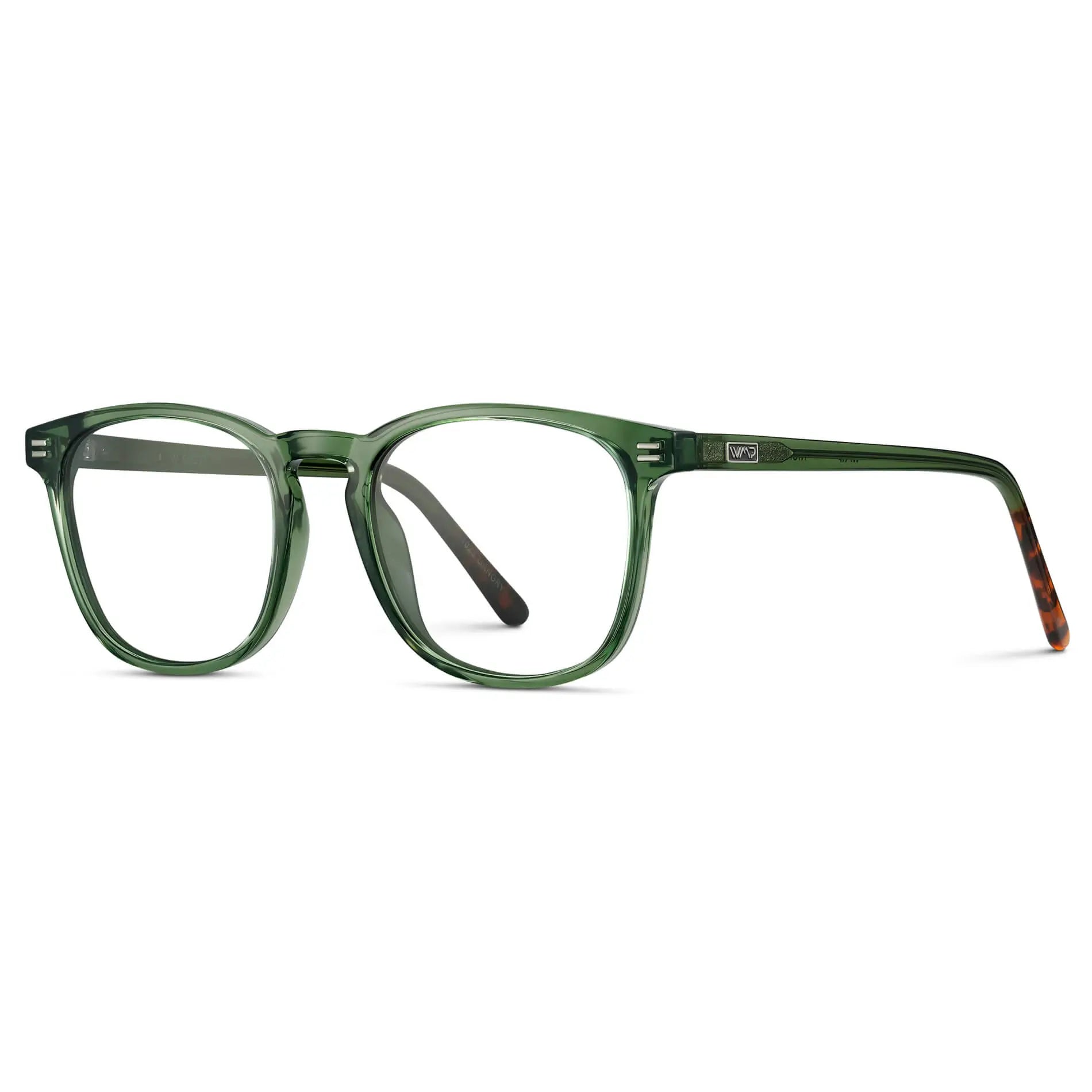 Emerald Green || Side view of Men's Square Prescription Glasses with Emerald Green Frame and Clear Lenses on a white background
