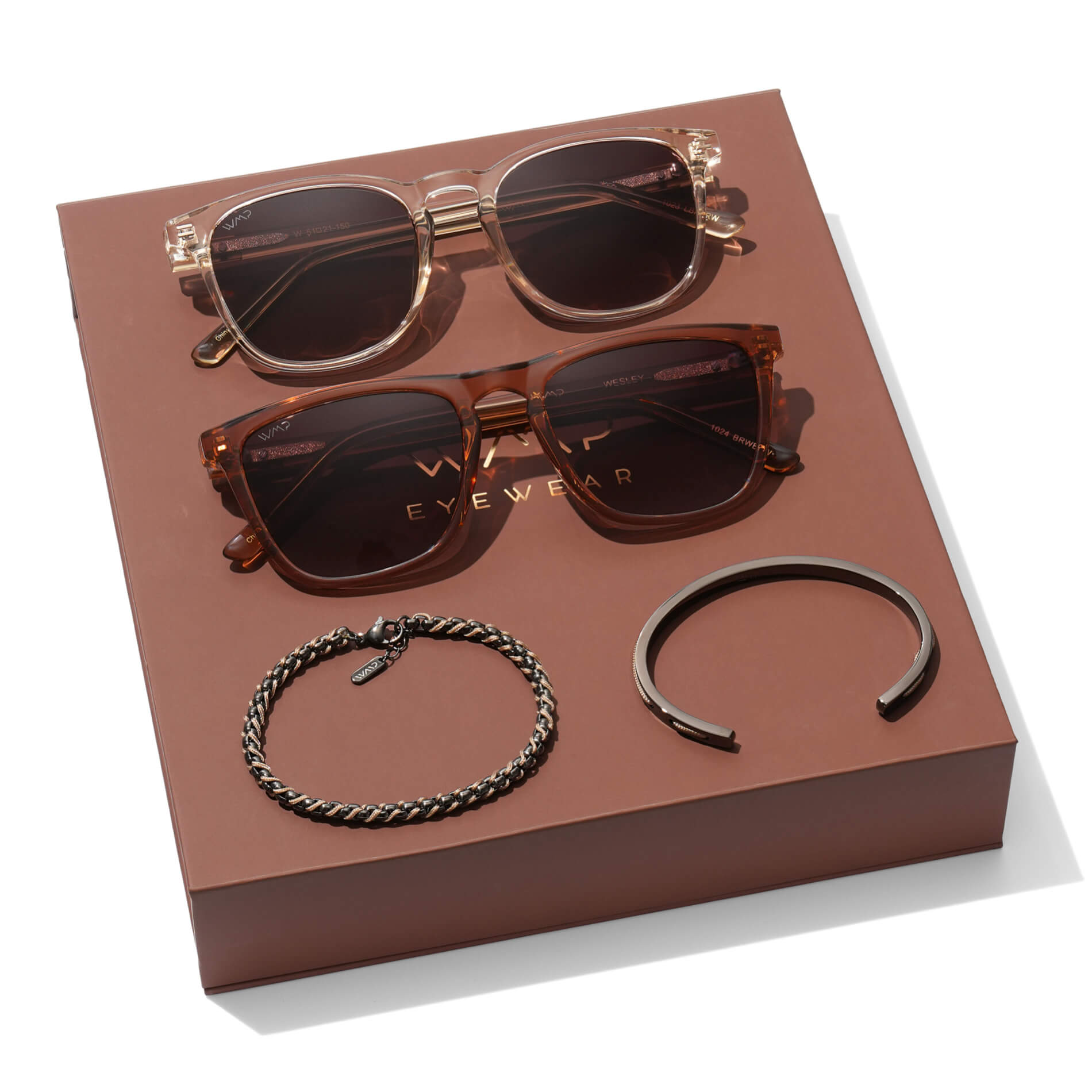 The Desert Kit || Men's Gift Kit including Two Pairs of Brown Acetate Frame Polarized Brown Lens Sunglasses, a stainless steel gunmetal sand cuff bracelet, and a stainless steel and polyester rope braided bracelet in gunmetal and sand