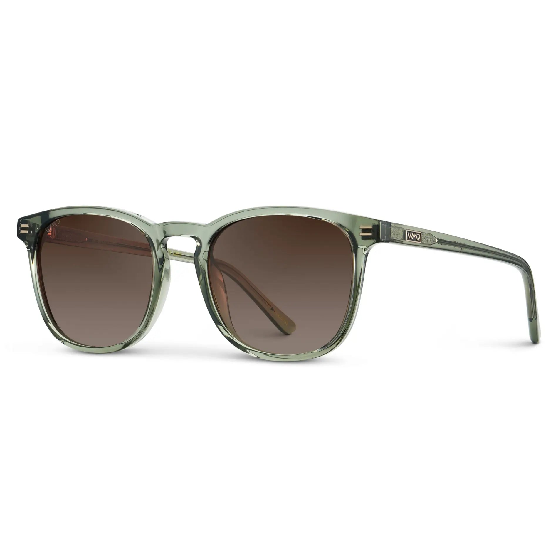 Sage Green / Brown Gradient Lens || Side view of Men's Sage Green Square Frame Sunglasses with Brown Gradient Polarized Lenses on a white background