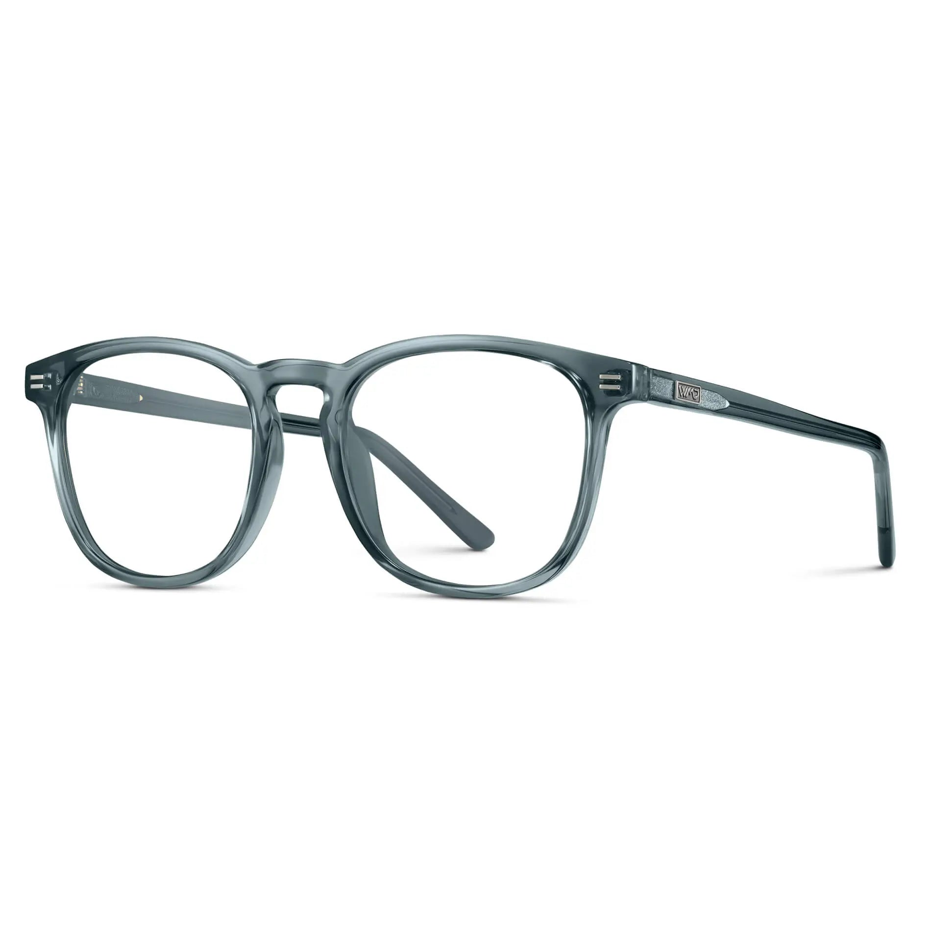 Crystal Stone Blue || Side view of Men's Square Prescription Glasses with Crystal Stone Blue Frame and Clear Lenses on a white background