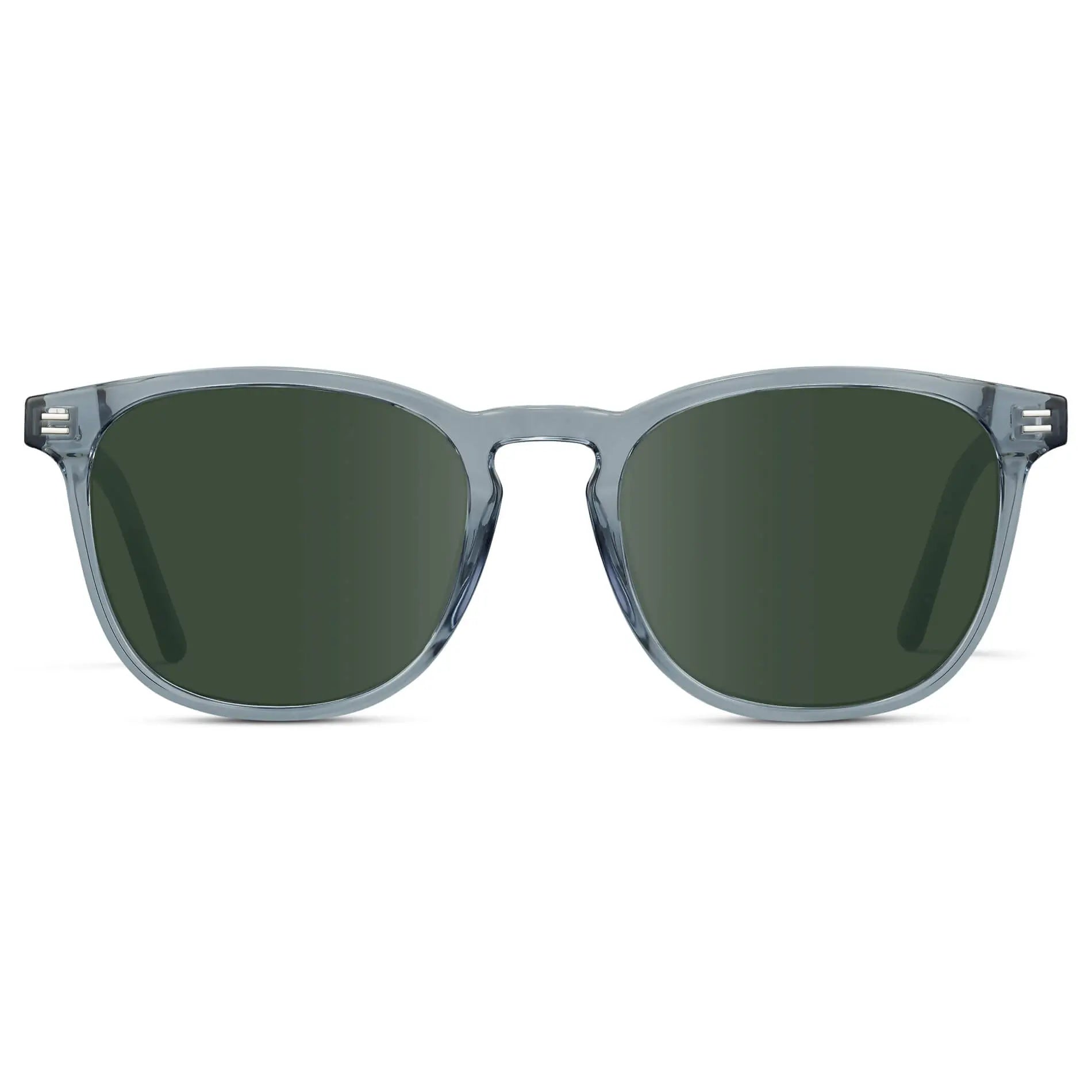 Crystal Cadet Grey / G15 || Grey Square Frame Prescription Sunglasses with Green Lenses on a white background