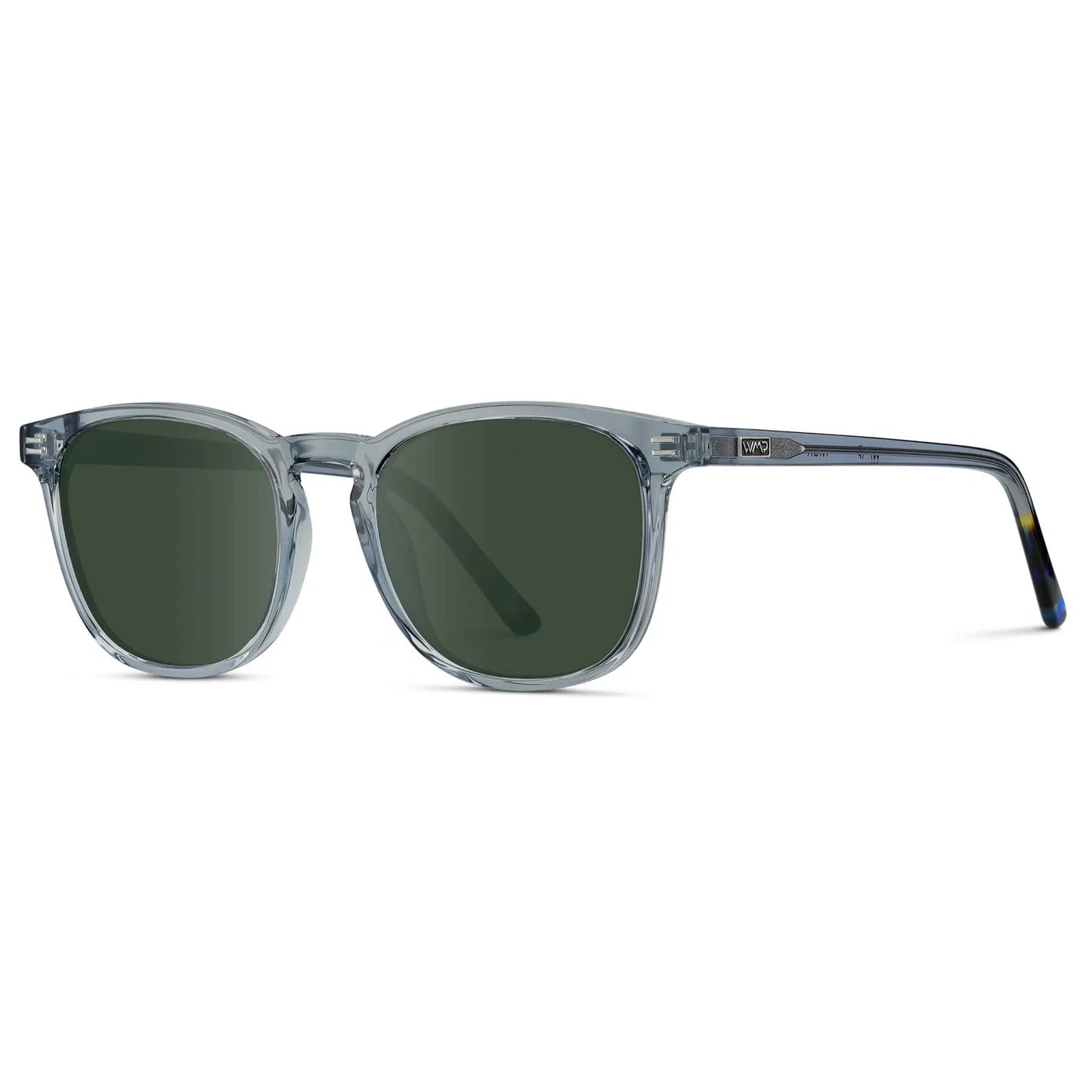 Crystal Cadet Grey / G15 || Side view of Grey Square Frame Prescription Sunglasses with Green Lenses on a white background