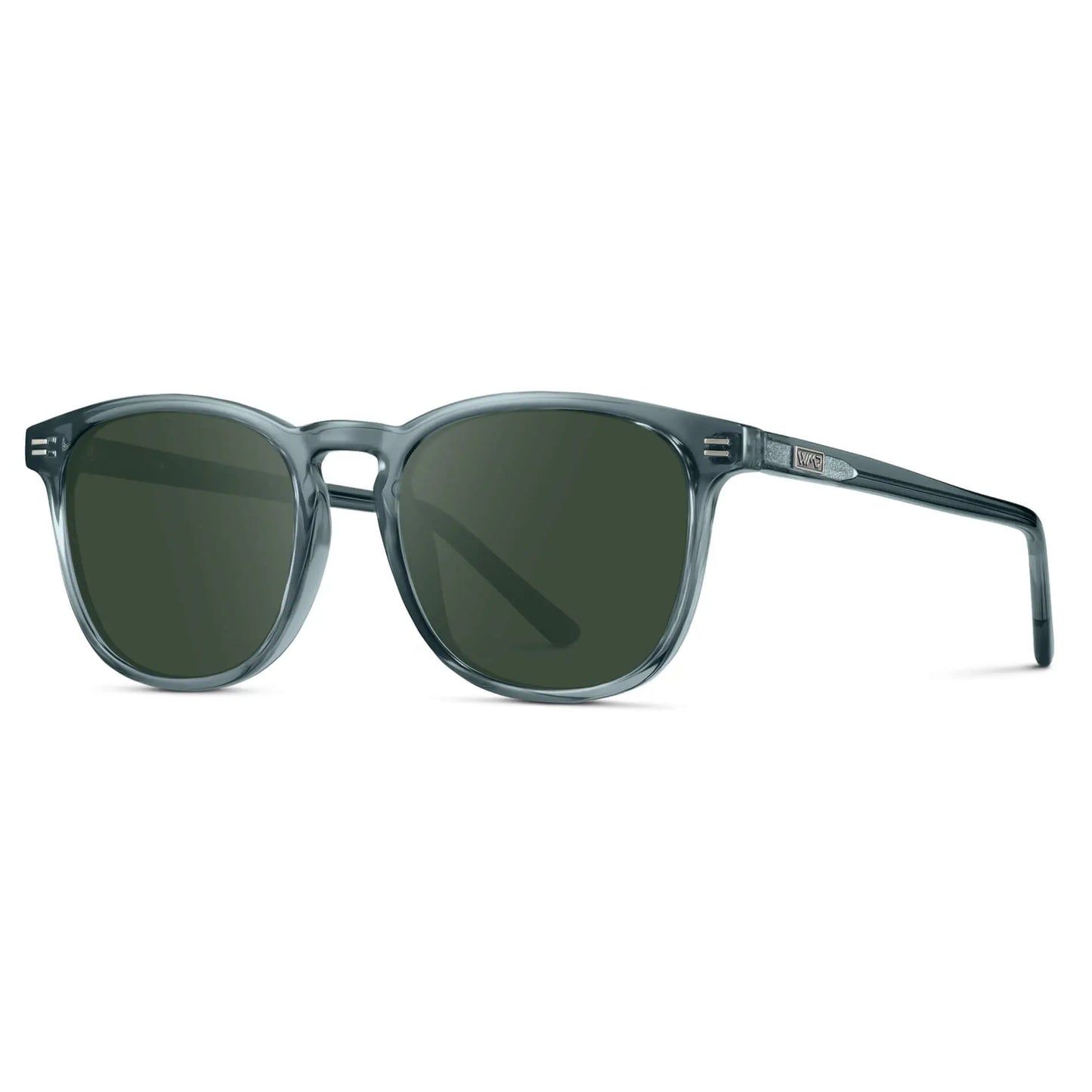 Crystal Stone Blue / G15 || Side view of Blue Square Frame Prescription Sunglasses with Green Lenses on a white background