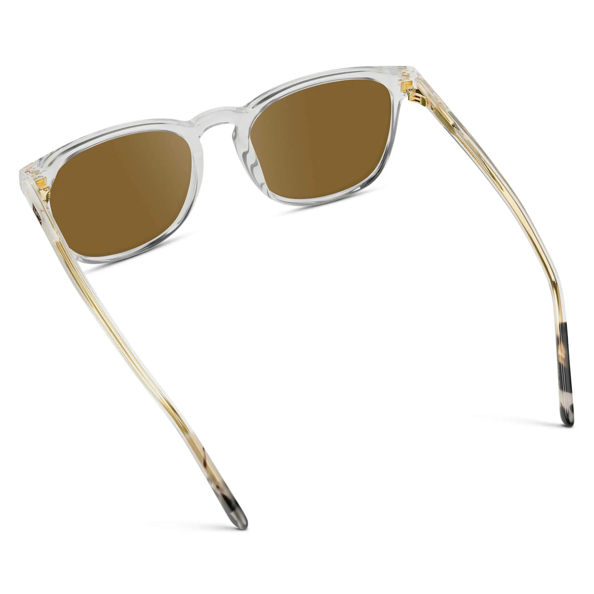 Clear / Amber || Back view of Clear Square Frame Prescription Sunglasses with Brown Lenses on a white background