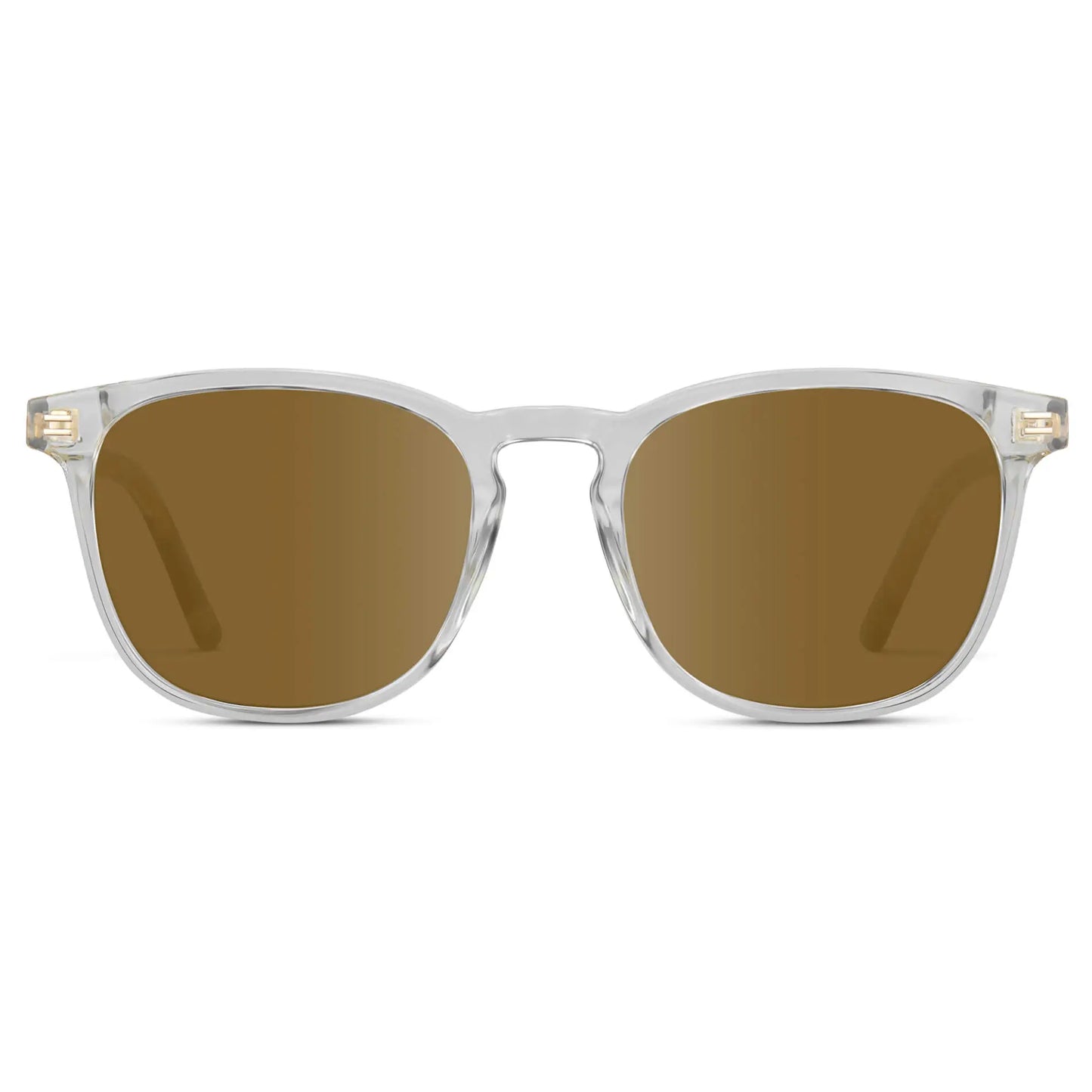 Clear / Amber || Clear Square Frame Prescription Sunglasses with Brown Lenses on a white background